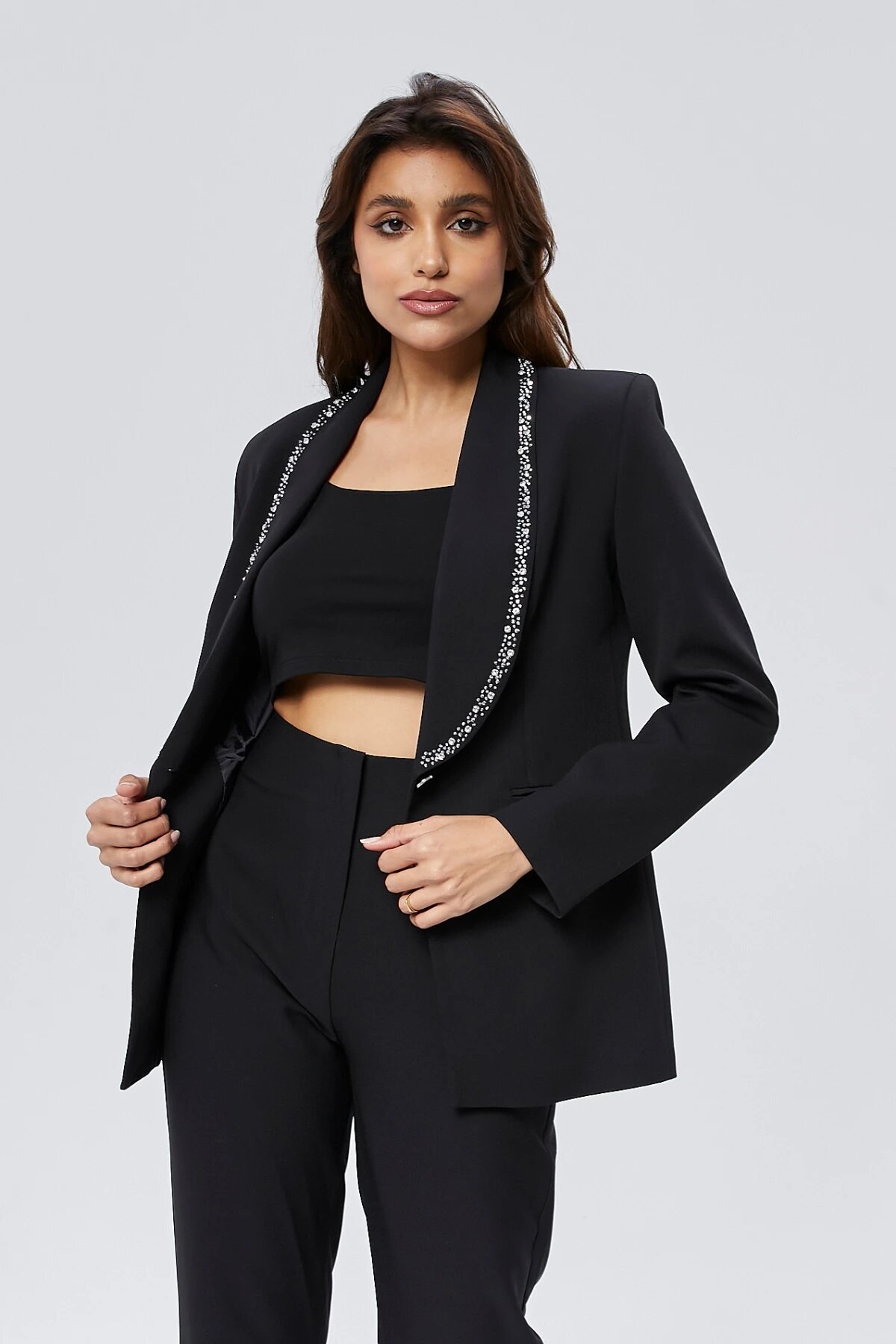 Stone-Embroidered Collar Button-Up Modest Jacket - Black - Milamia
