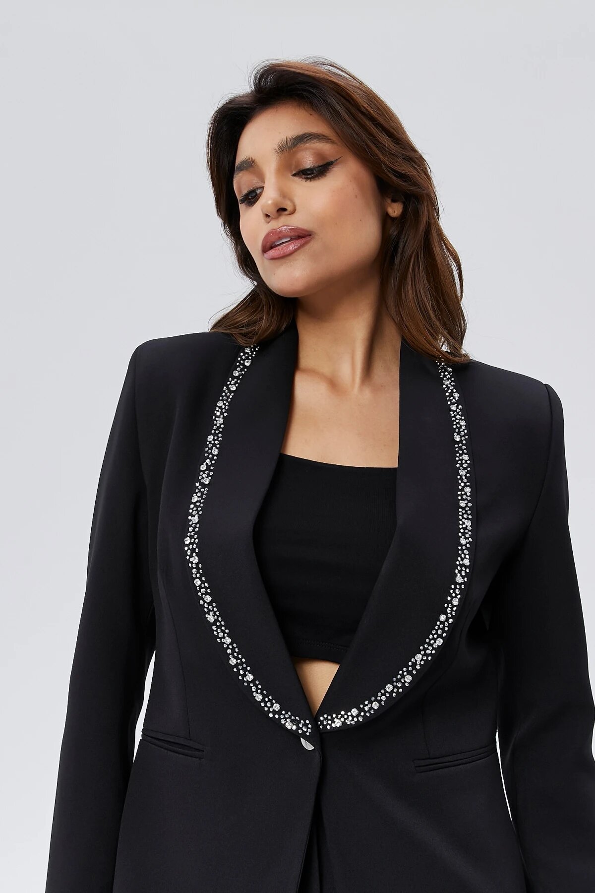 Stone-Embroidered Collar Button-Up Modest Jacket - Black - Milamia