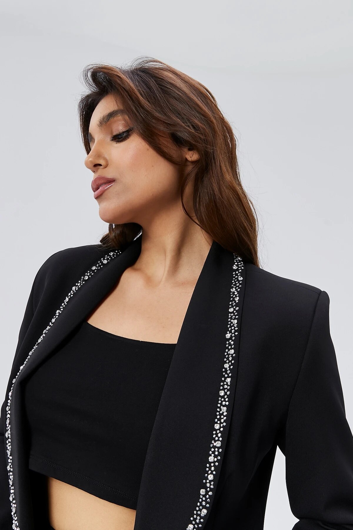 Stone-Embroidered Collar Button-Up Modest Jacket - Black - Milamia