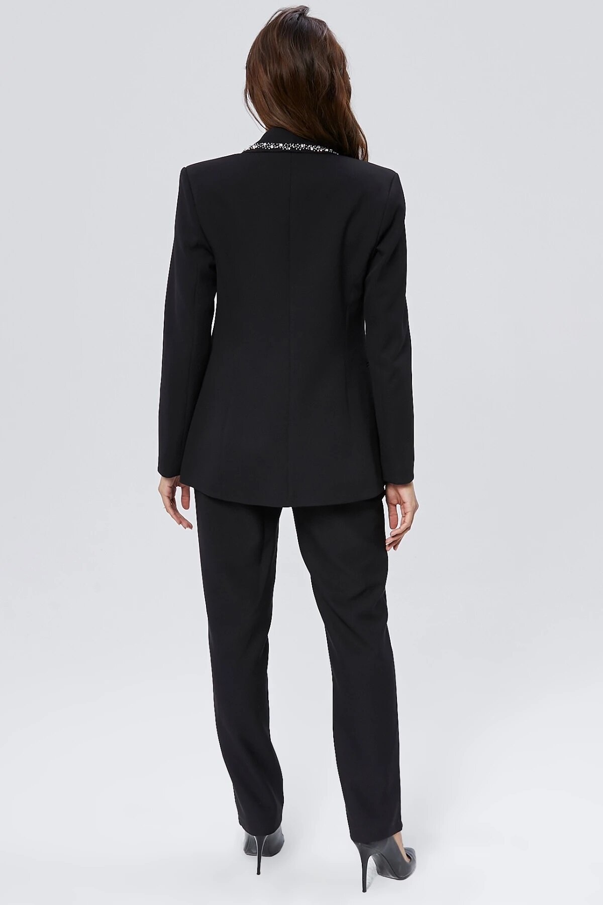 Stone-Embroidered Collar Button-Up Modest Jacket - Black - Milamia
