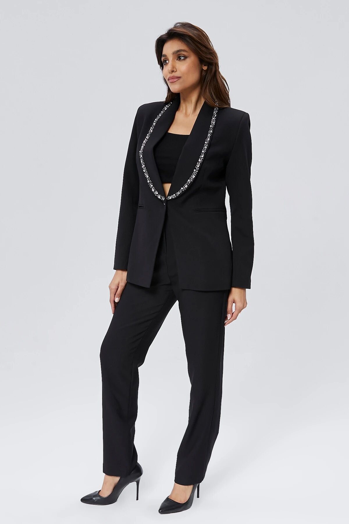 Stone-Embroidered Collar Button-Up Modest Jacket - Black - Milamia