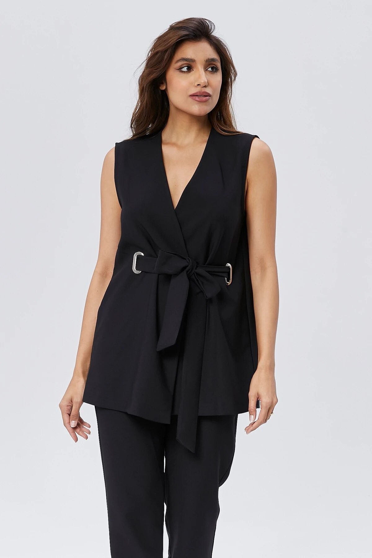 Two-Piece Buckled Belted Vest and Trousers Set - Black - Milamia
