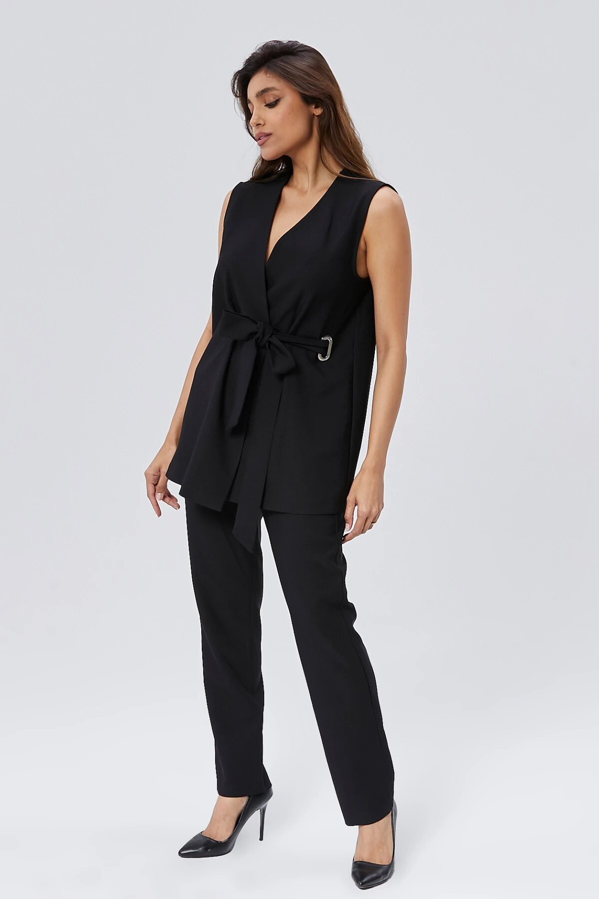Two-Piece Buckled Belted Vest and Trousers Set - Black - Milamia