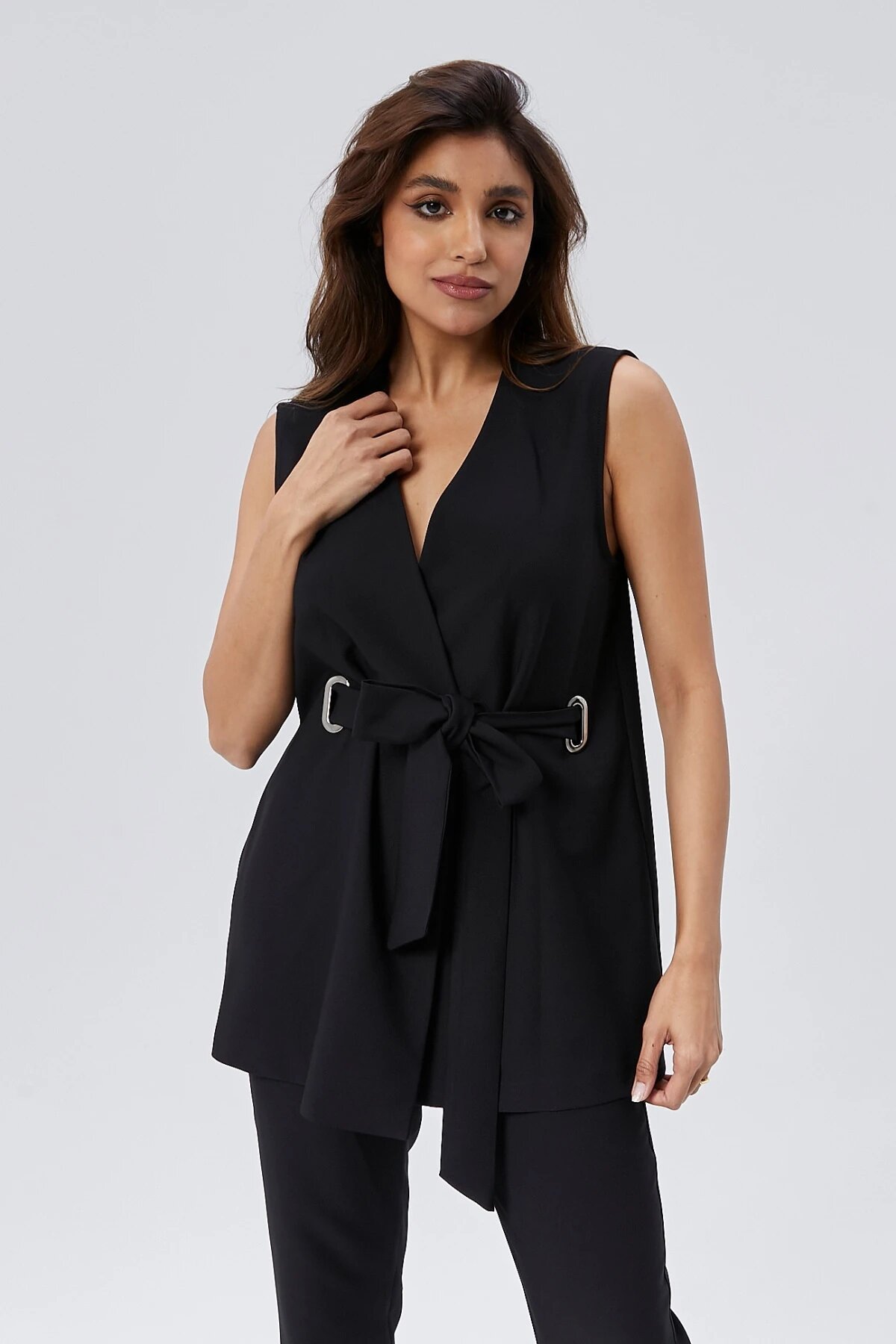Two-Piece Buckled Belted Vest and Trousers Set - Black - Milamia