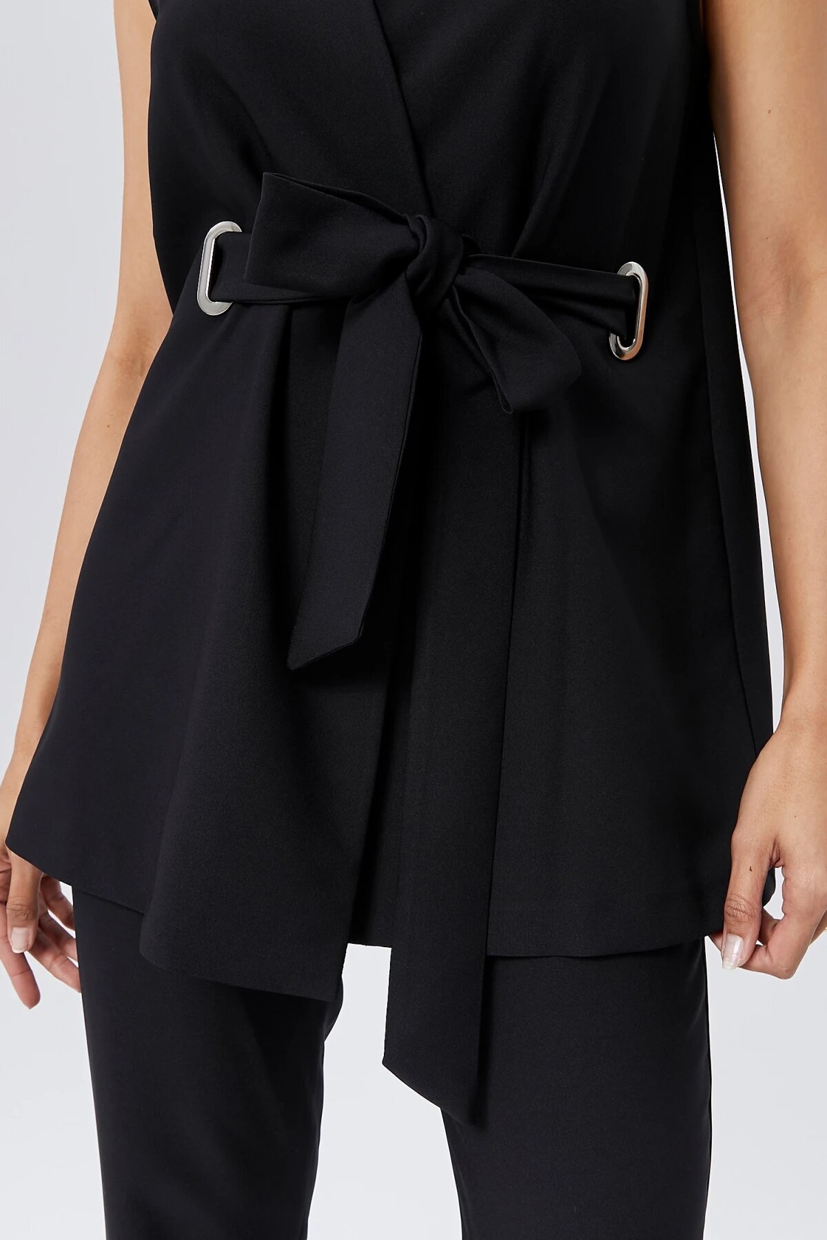 Two-Piece Buckled Belted Vest and Trousers Set - Black - Milamia