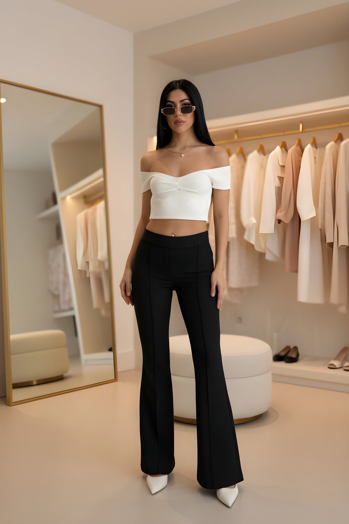 Siyah İspanyol Paça Beli Lastikli Çimalı Pantolon - Milamia