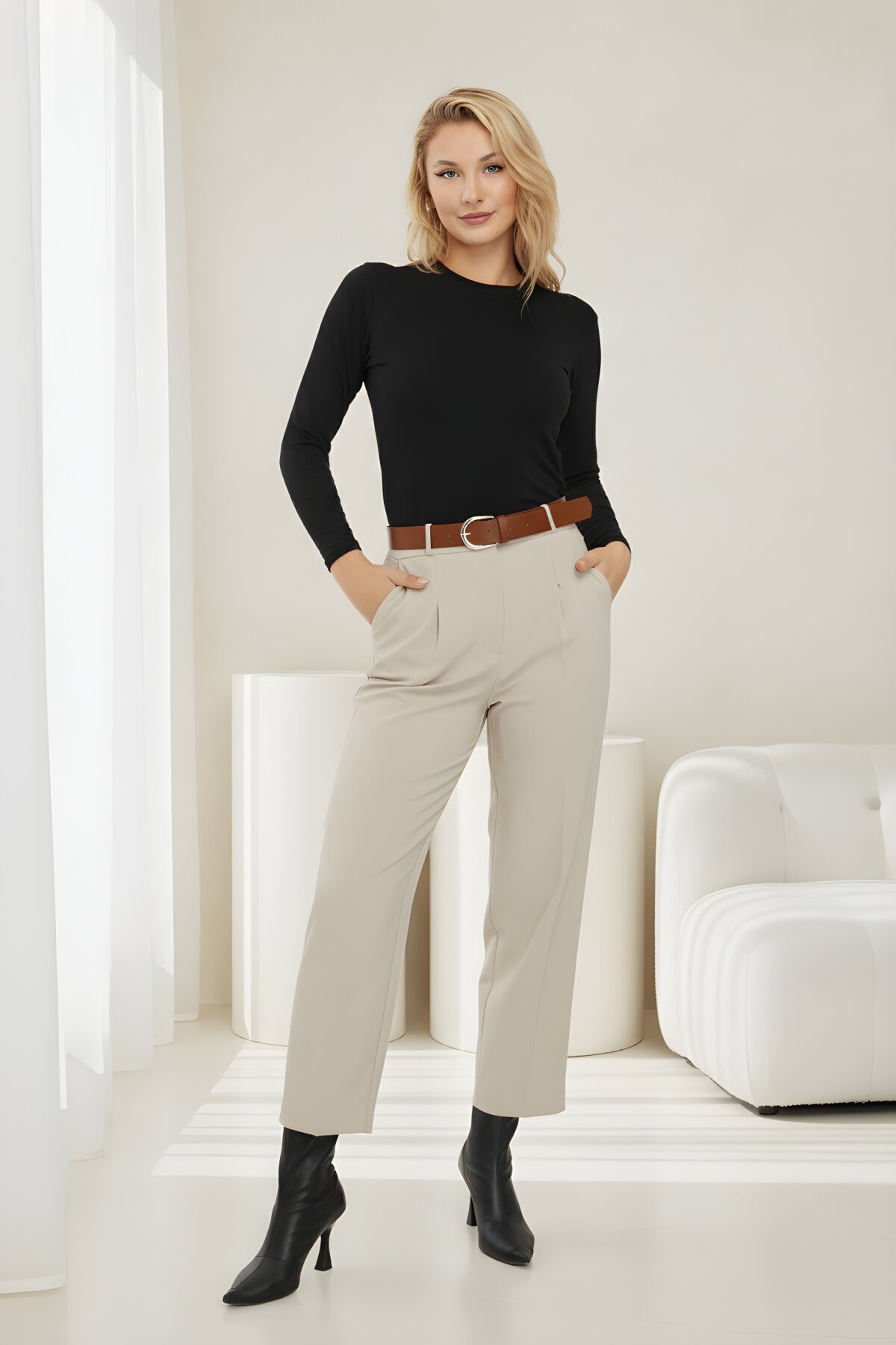 Vizon Bilek Boy Kemerli Kumaş Pantolon - Milamia