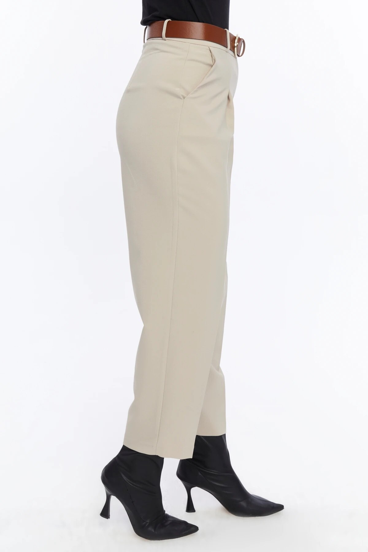 Ankle-Length Fabric Belted Pants - Mink - Milamia