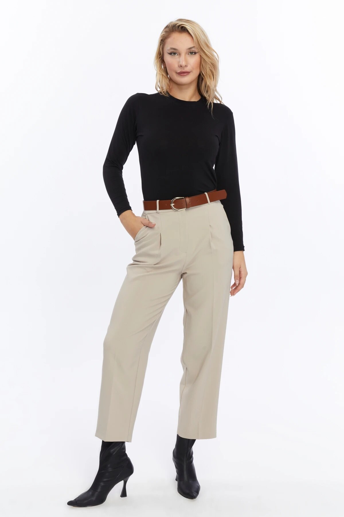 Ankle-Length Fabric Belted Pants - Mink - Milamia