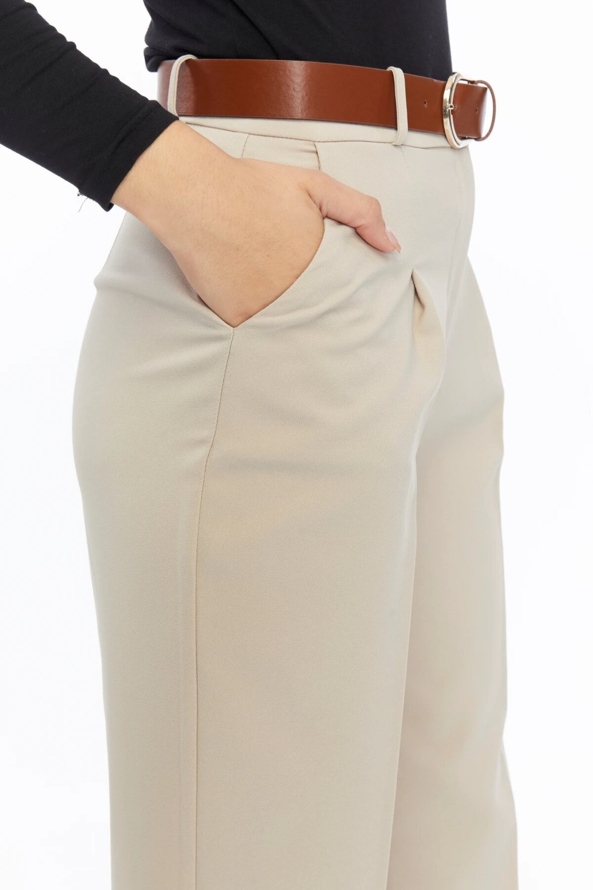 Ankle-Length Fabric Belted Pants - Mink - Milamia