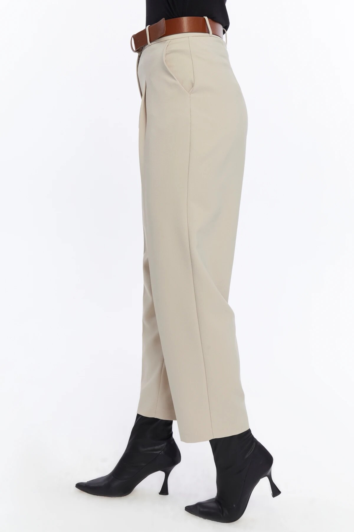Ankle-Length Fabric Belted Pants - Mink - Milamia
