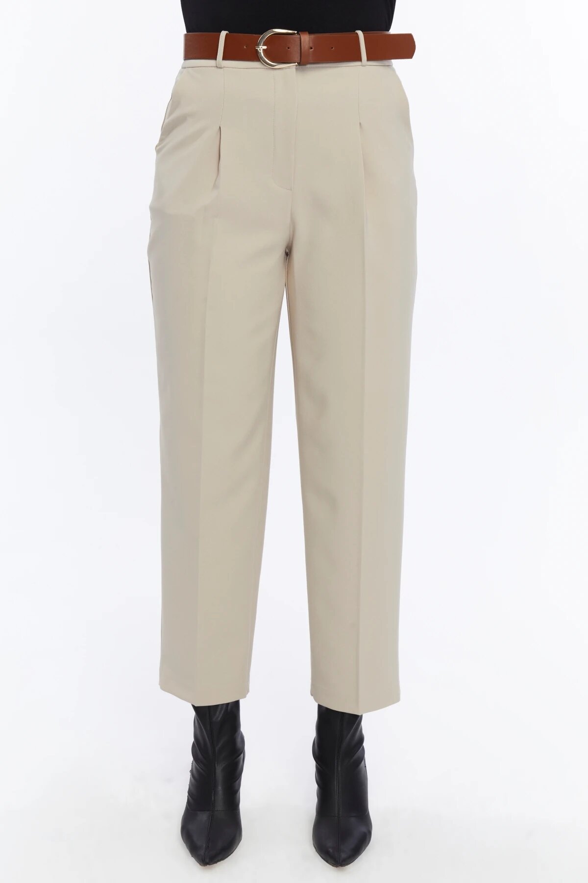 Ankle-Length Fabric Belted Pants - Mink - Milamia
