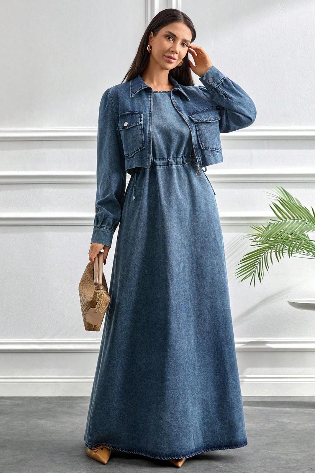 Short Denim Two-Piece Modest Set - Light Blue - Misskayle