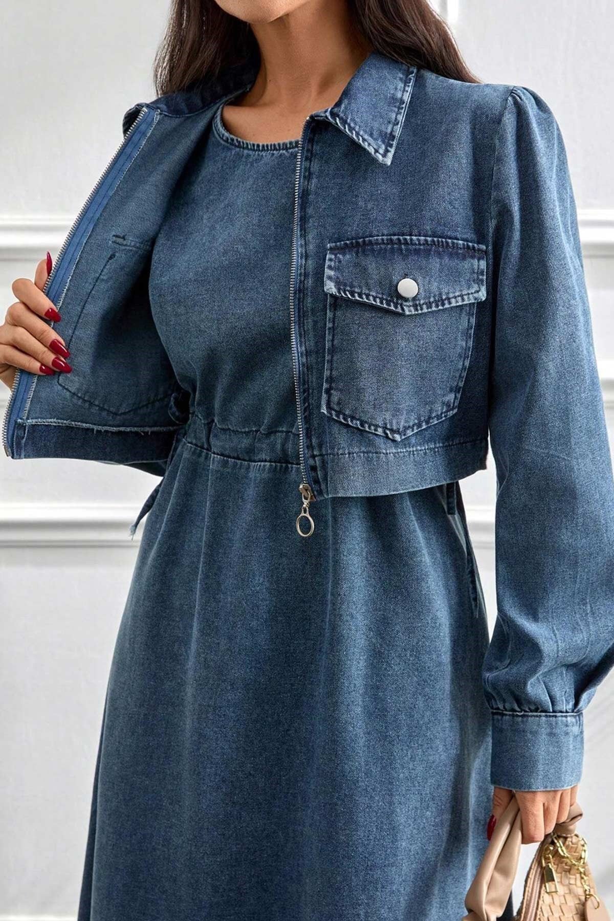 Short Denim Two-Piece Modest Set - Light Blue - Misskayle