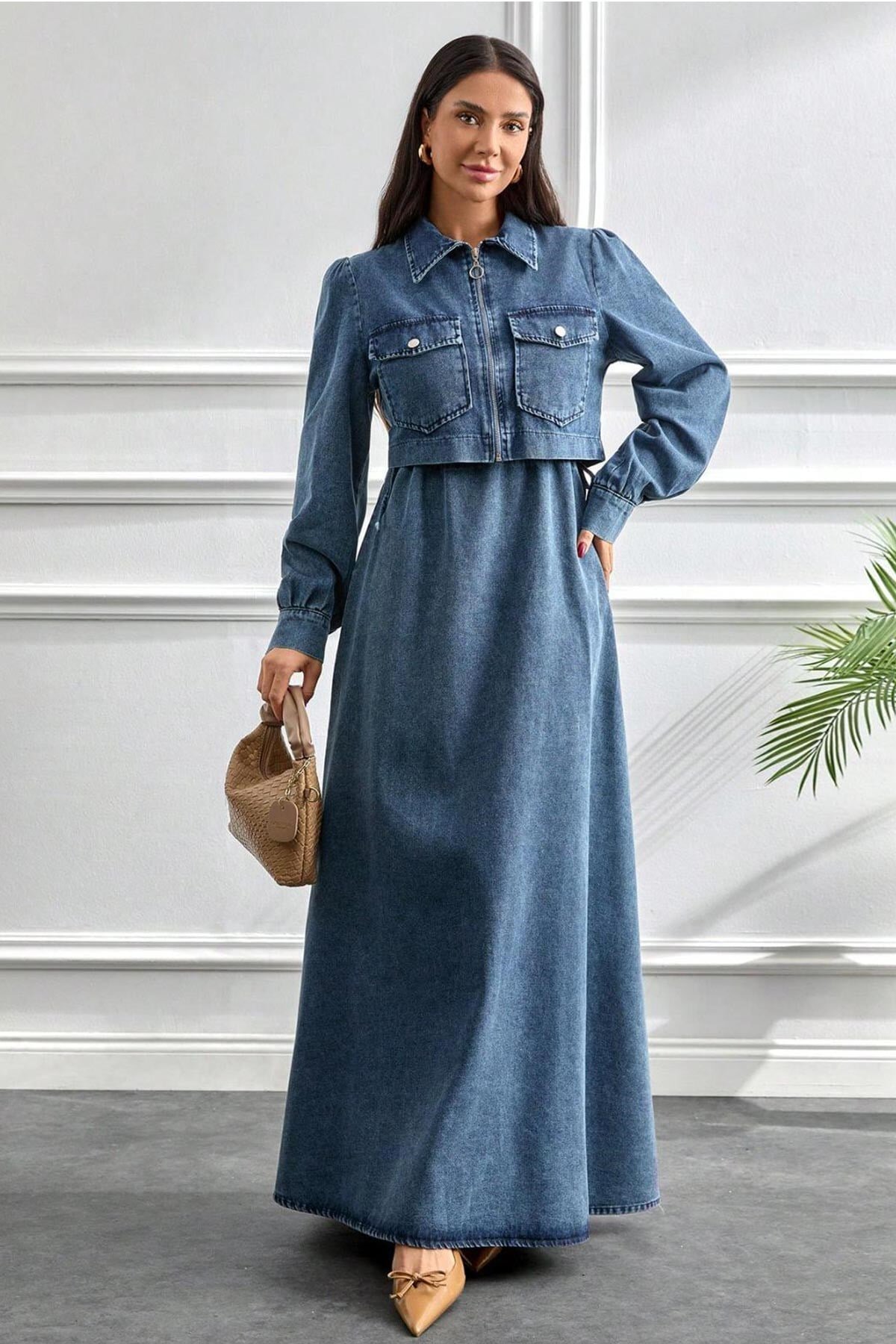 Short Denim Two-Piece Modest Set - Light Blue - Misskayle