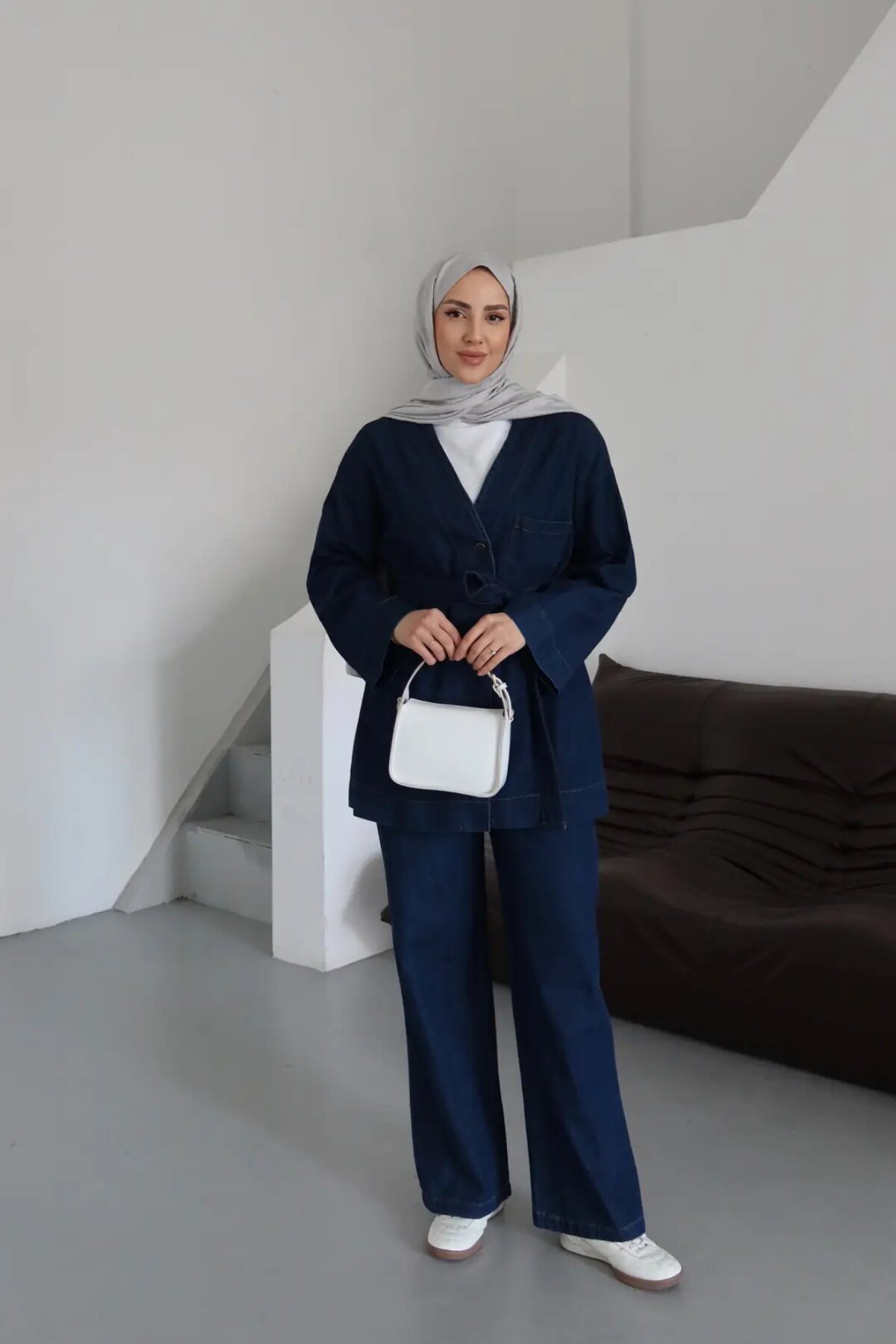 Koyu Mavi Denim Oversize Cepli İkili Tesettür Takım - Misskayle