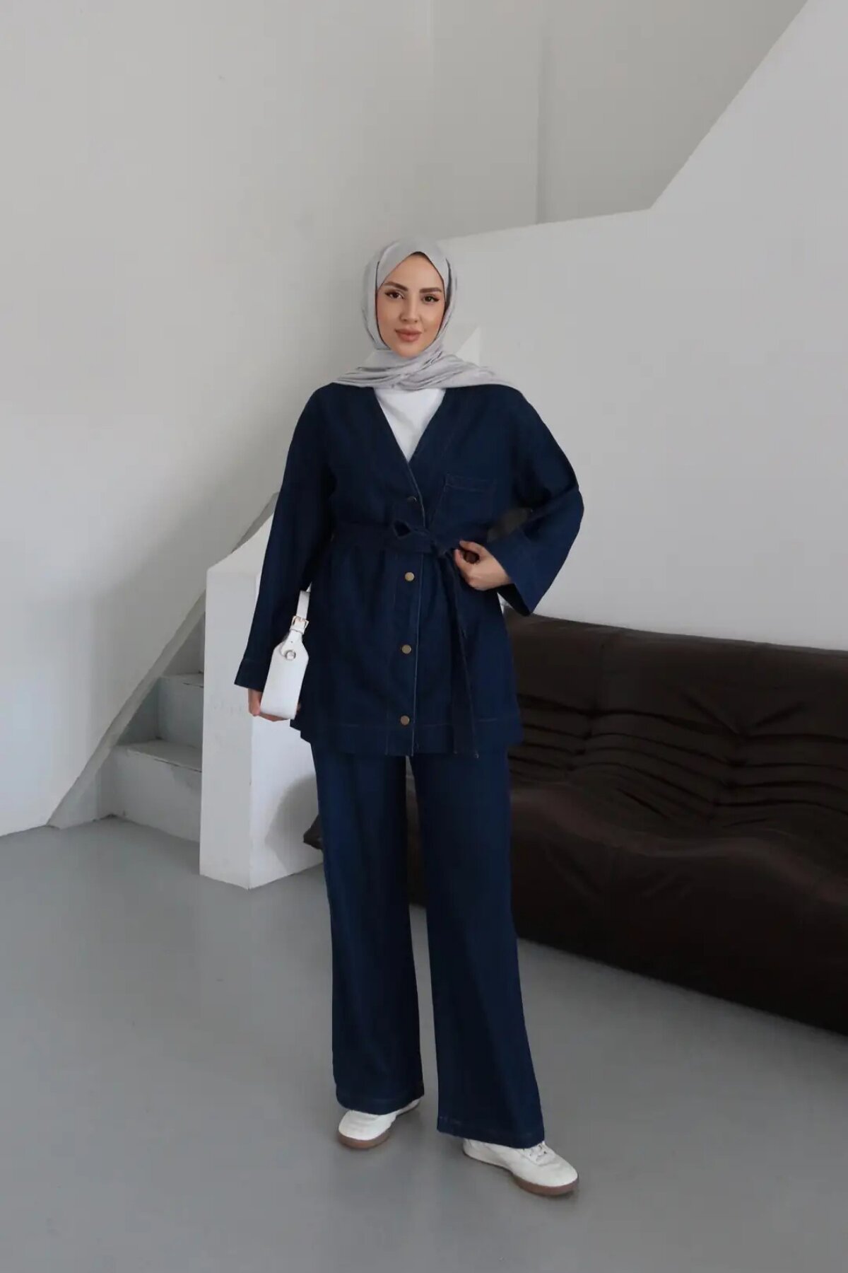 Koyu Mavi Denim Oversize Cepli İkili Tesettür Takım - Misskayle