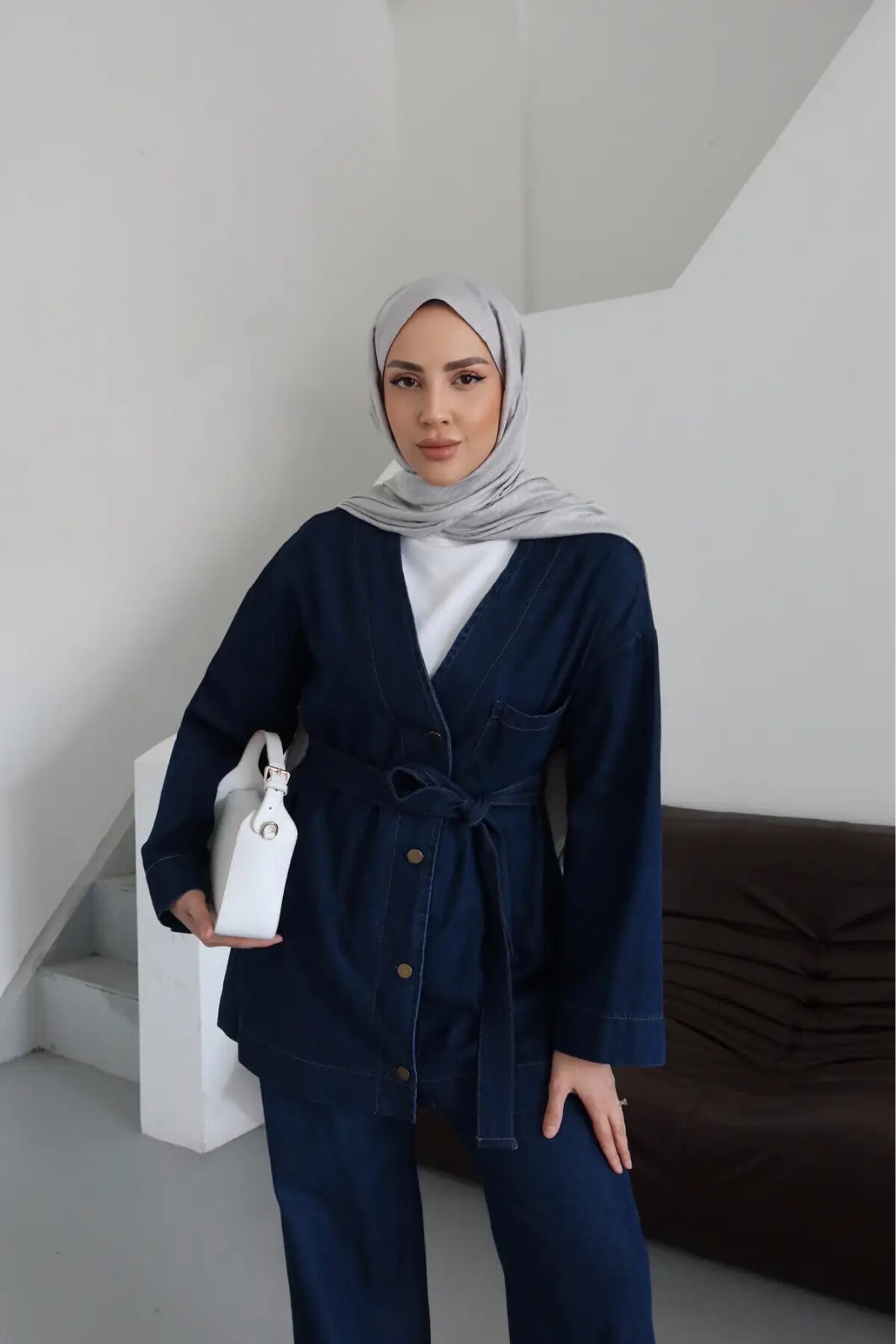 Koyu Mavi Denim Oversize Cepli İkili Tesettür Takım - Misskayle