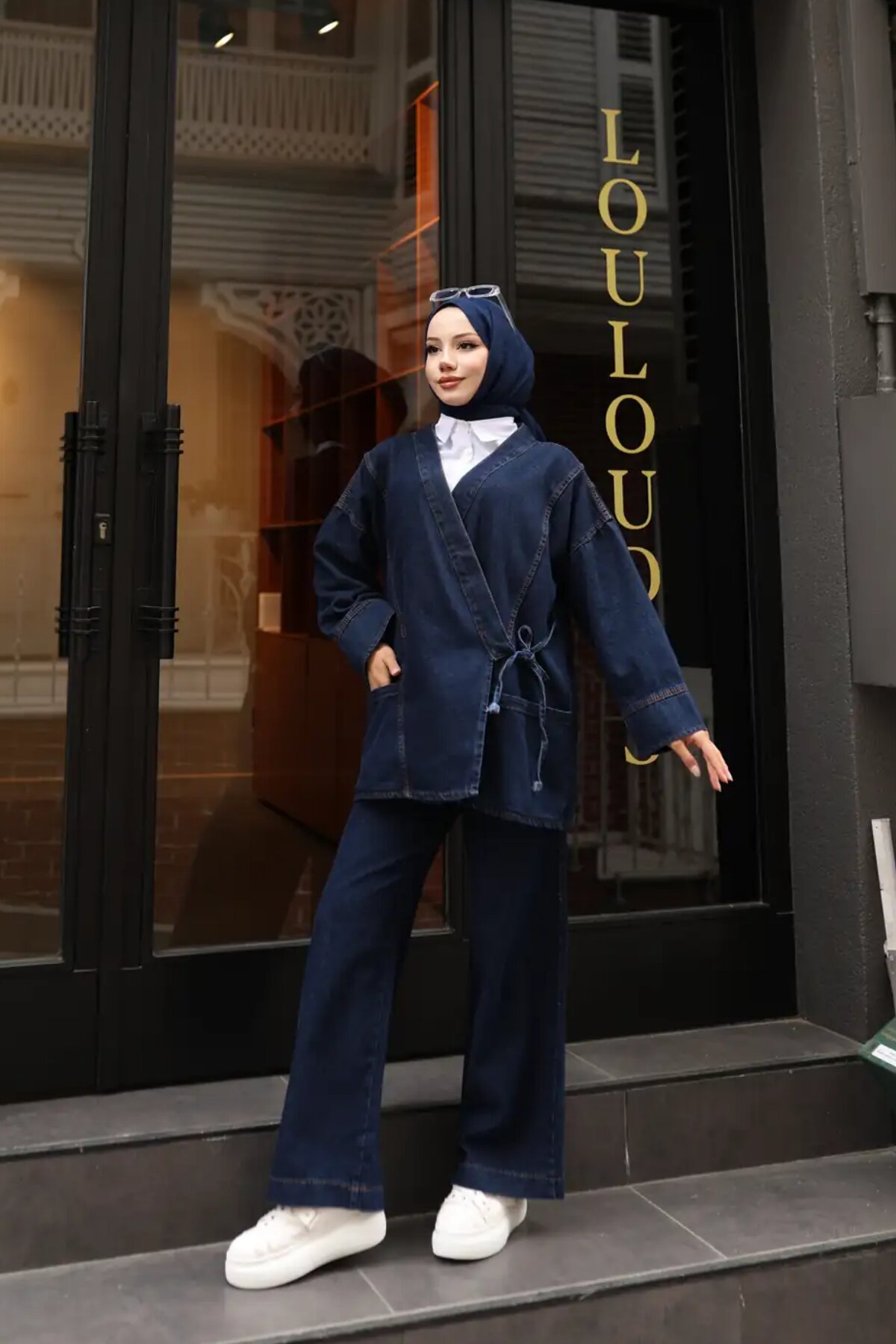 Koyu Mavi Denim Rahat Kesim Bağlamalı Takım - Misskayle