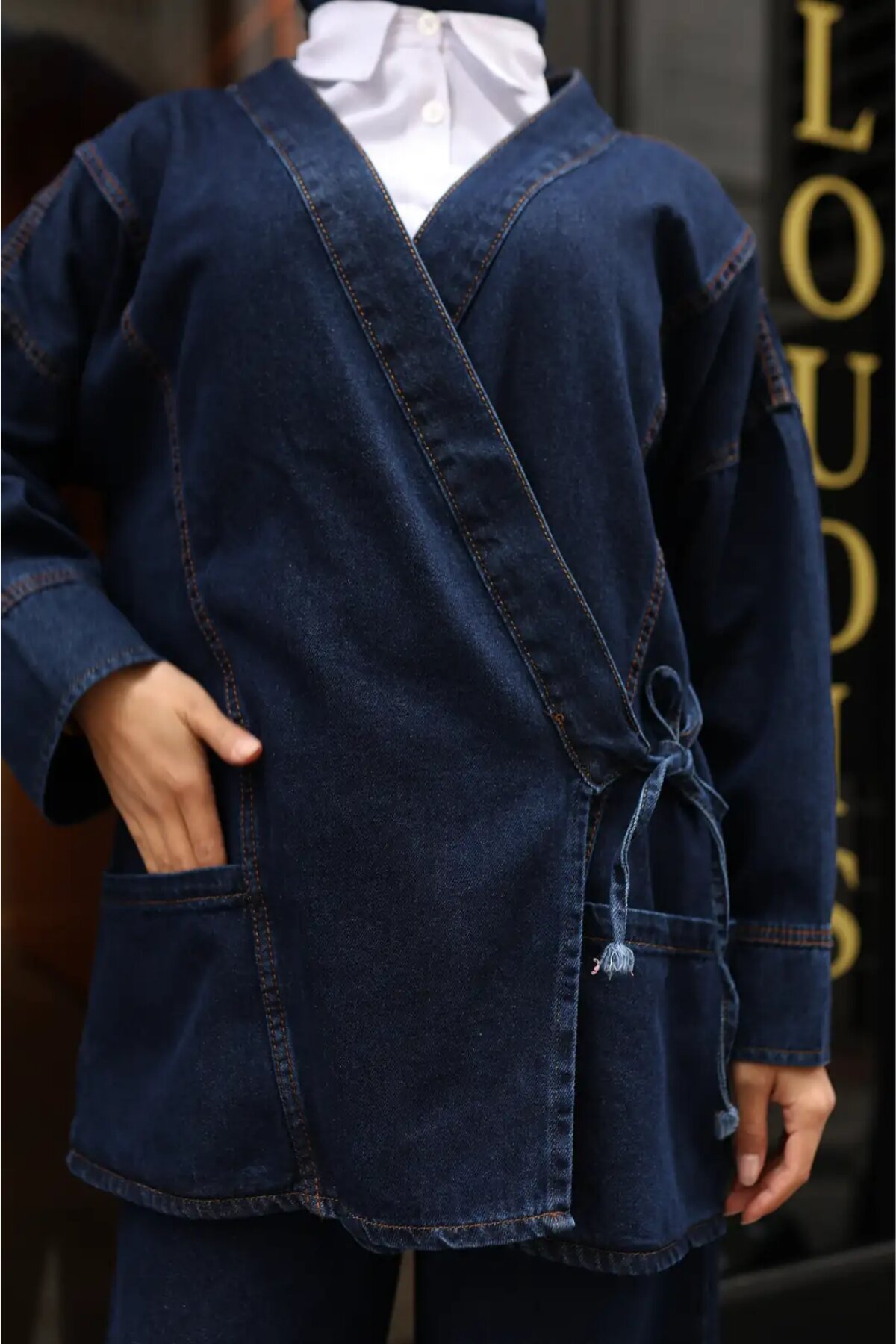 Koyu Mavi Denim Rahat Kesim Bağlamalı Takım - Misskayle