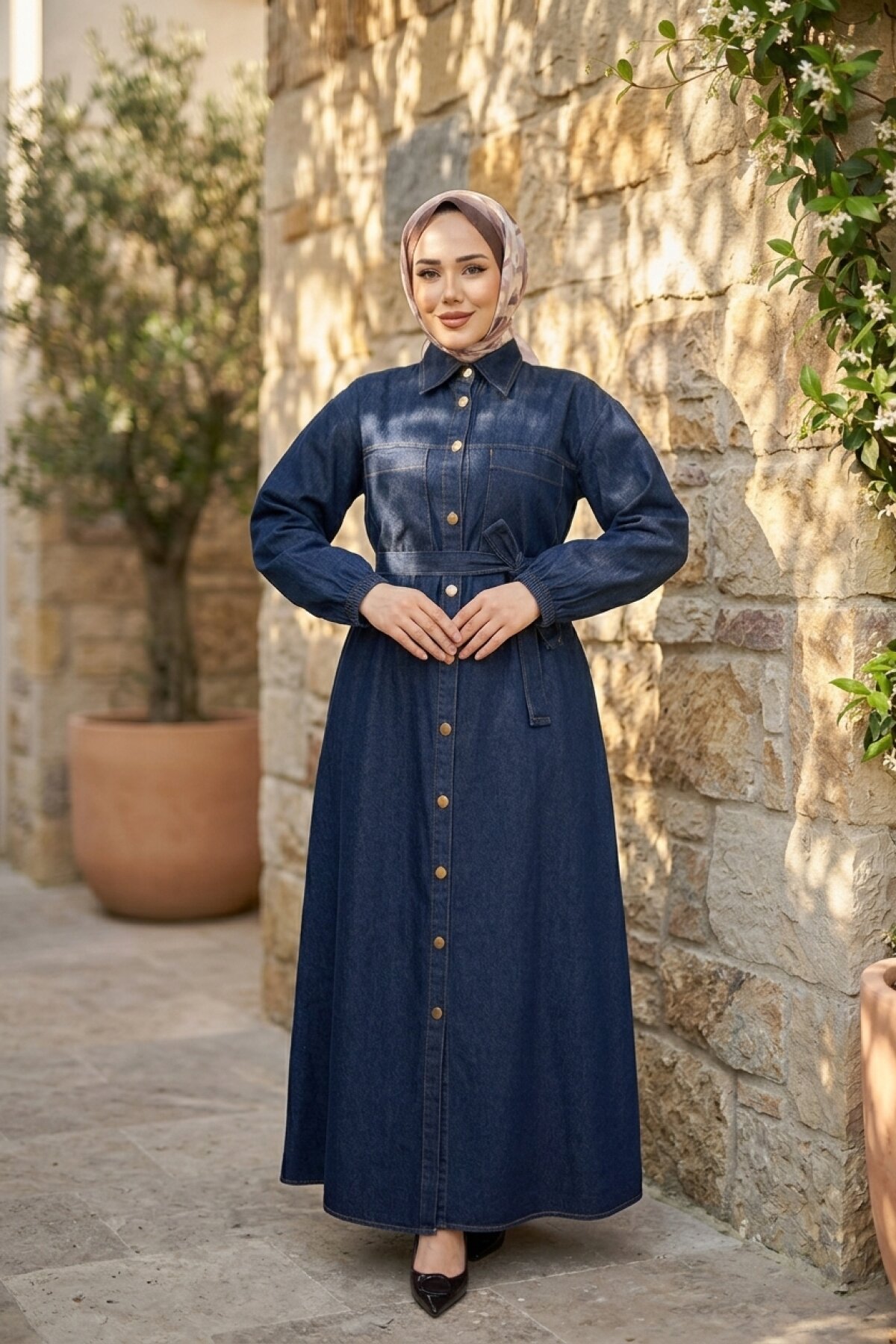 Koyu Mavi Gömlek Yaka Kemerli Denim Elbise Takım - Misskayle