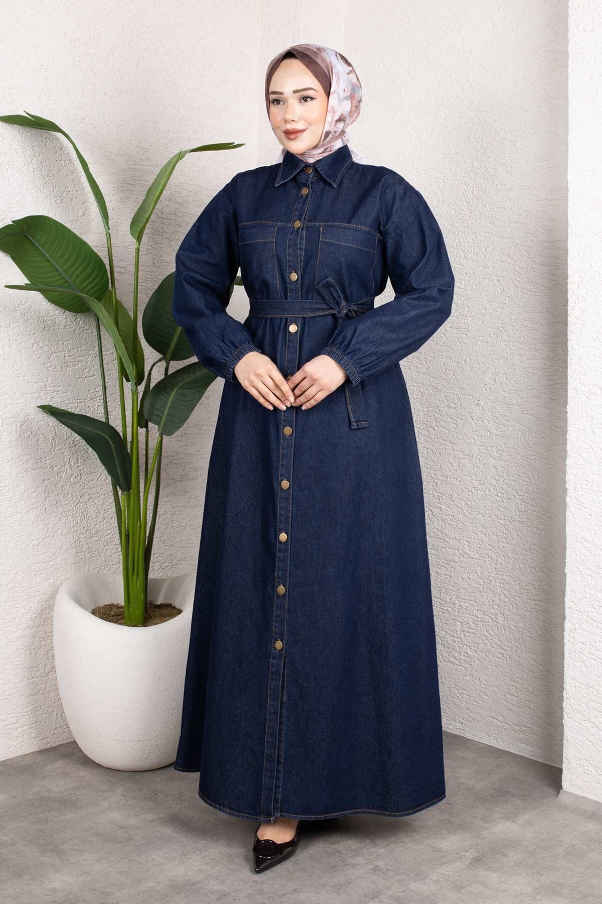 Shirt-Collar Belted Denim Dress Set - Dark Blue - Misskayle