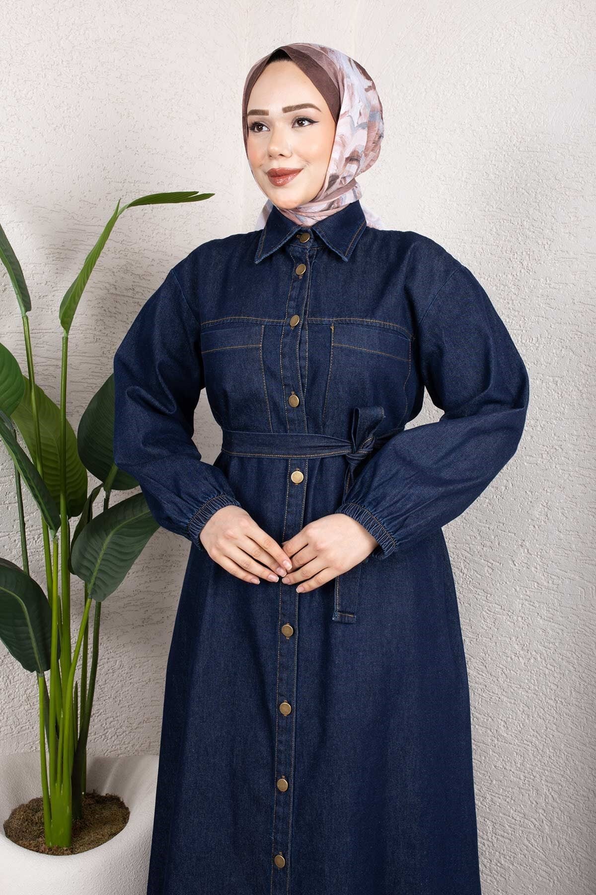 Shirt-Collar Belted Denim Dress Set - Dark Blue - Misskayle