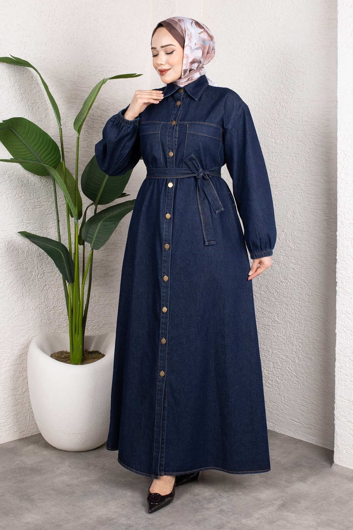 Shirt-Collar Belted Denim Dress Set - Dark Blue - Misskayle