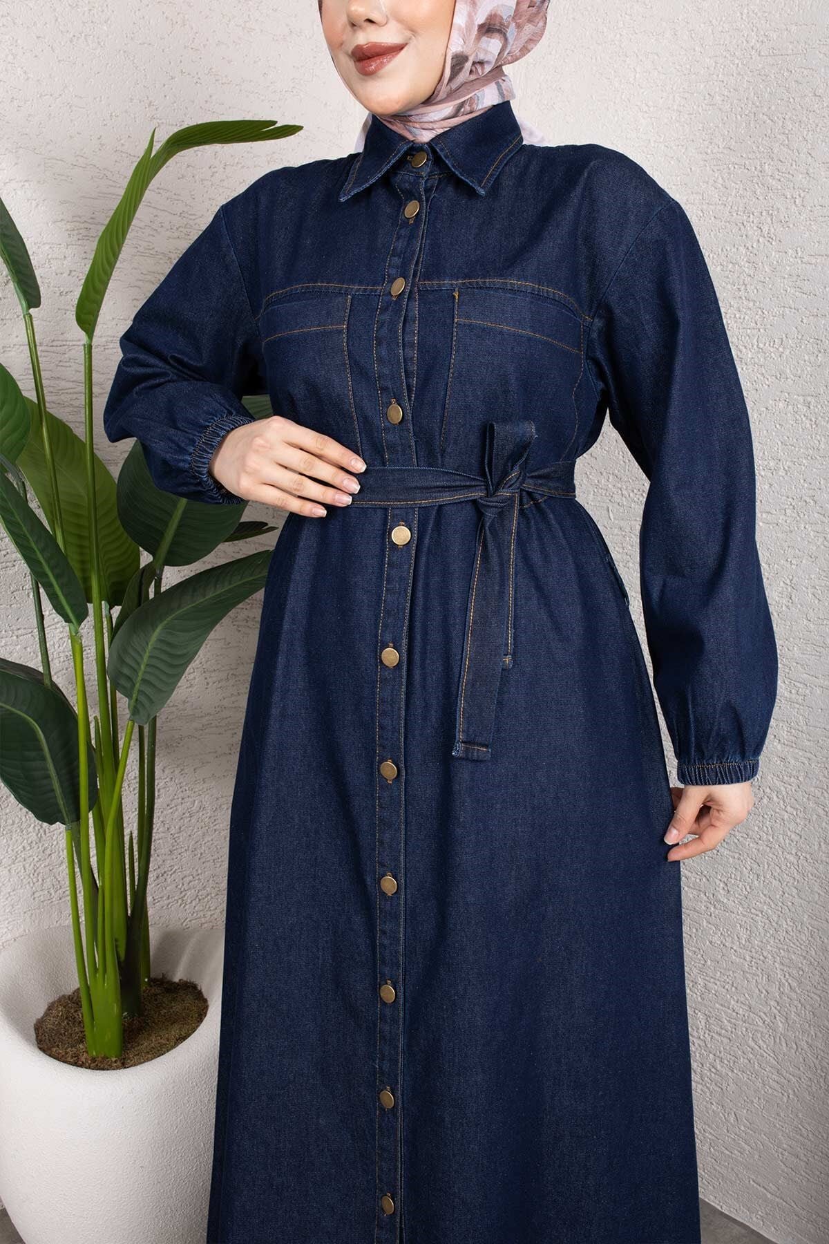 Shirt-Collar Belted Denim Dress Set - Dark Blue - Misskayle