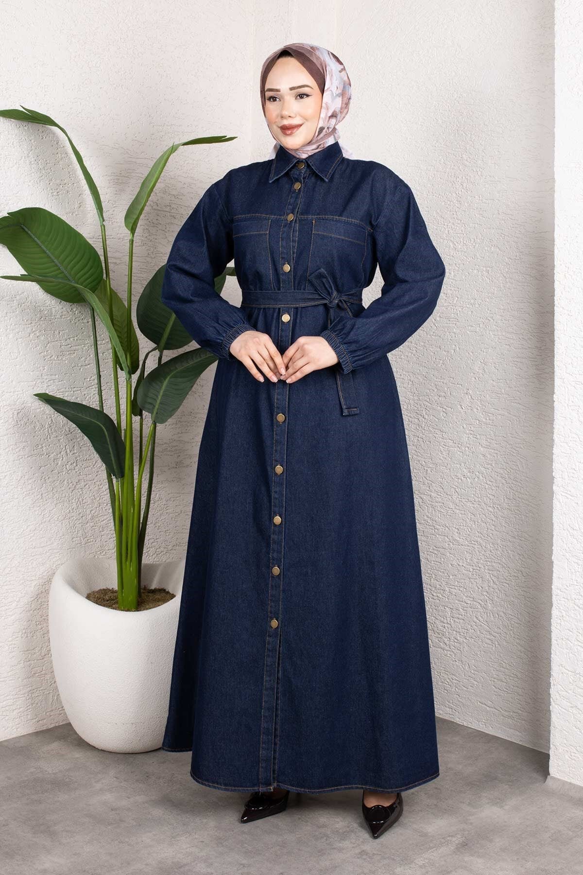 Shirt-Collar Belted Denim Dress Set - Dark Blue - Misskayle
