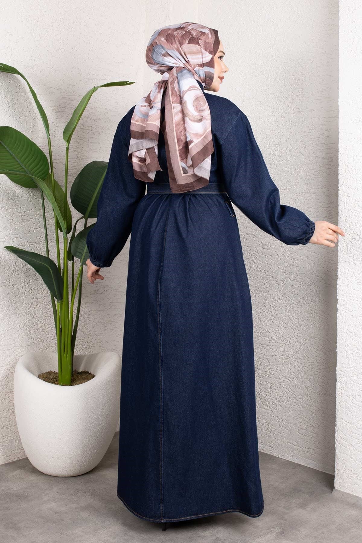 Shirt-Collar Belted Denim Dress Set - Dark Blue - Misskayle