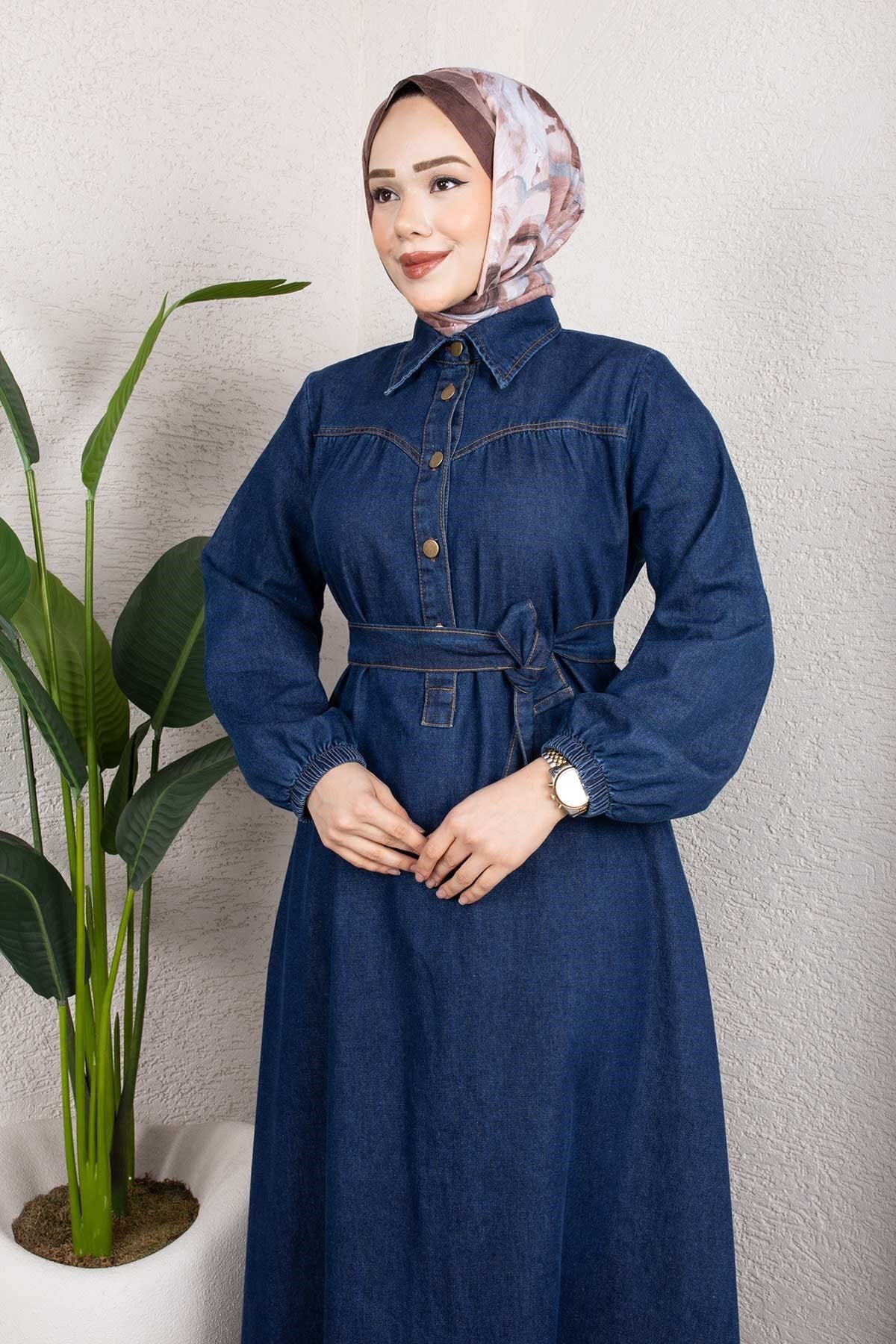 Koyu Mavi Kemerli Düğmeli Kot Elbise Takım - Misskayle