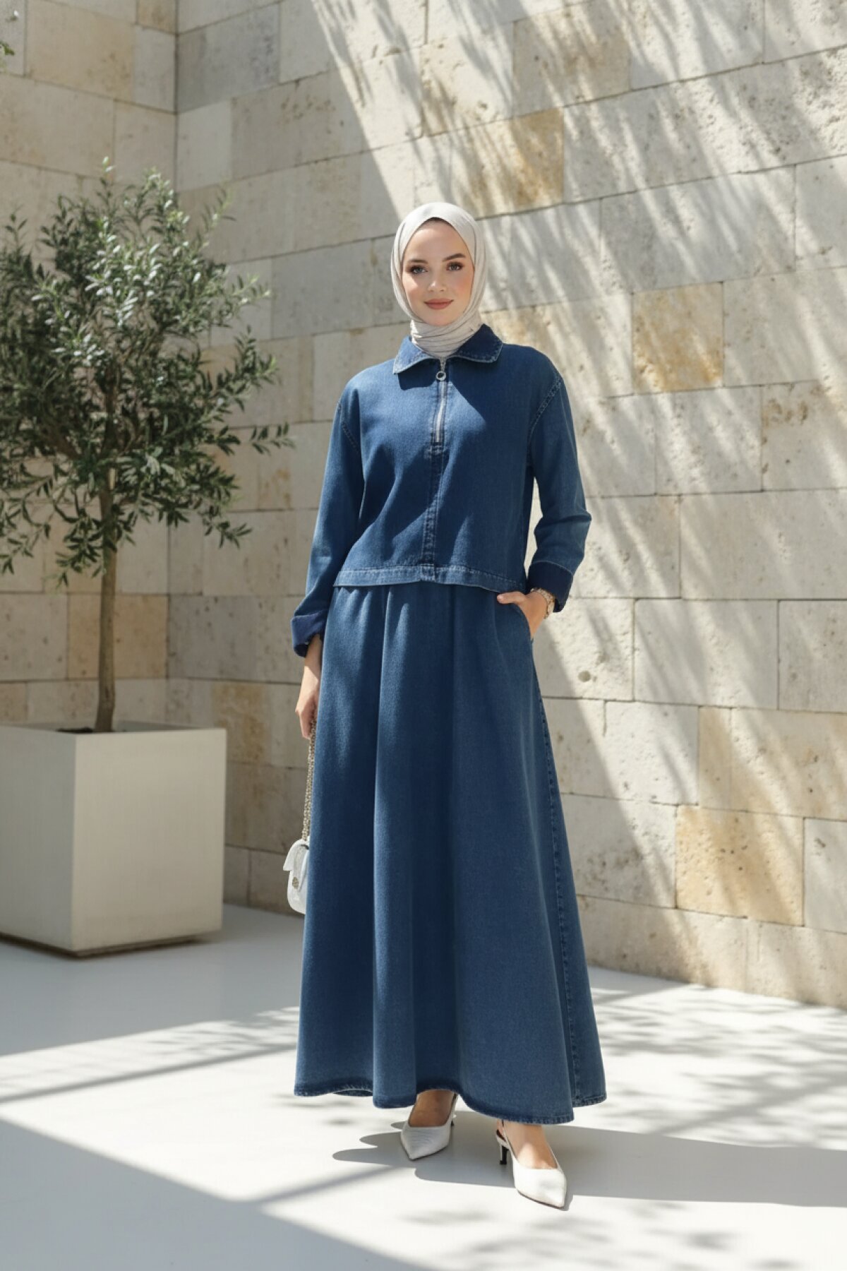 Koyu Mavi Kot Denim Uzun Fermuarlı Üst Etekli Takım - Misskayle