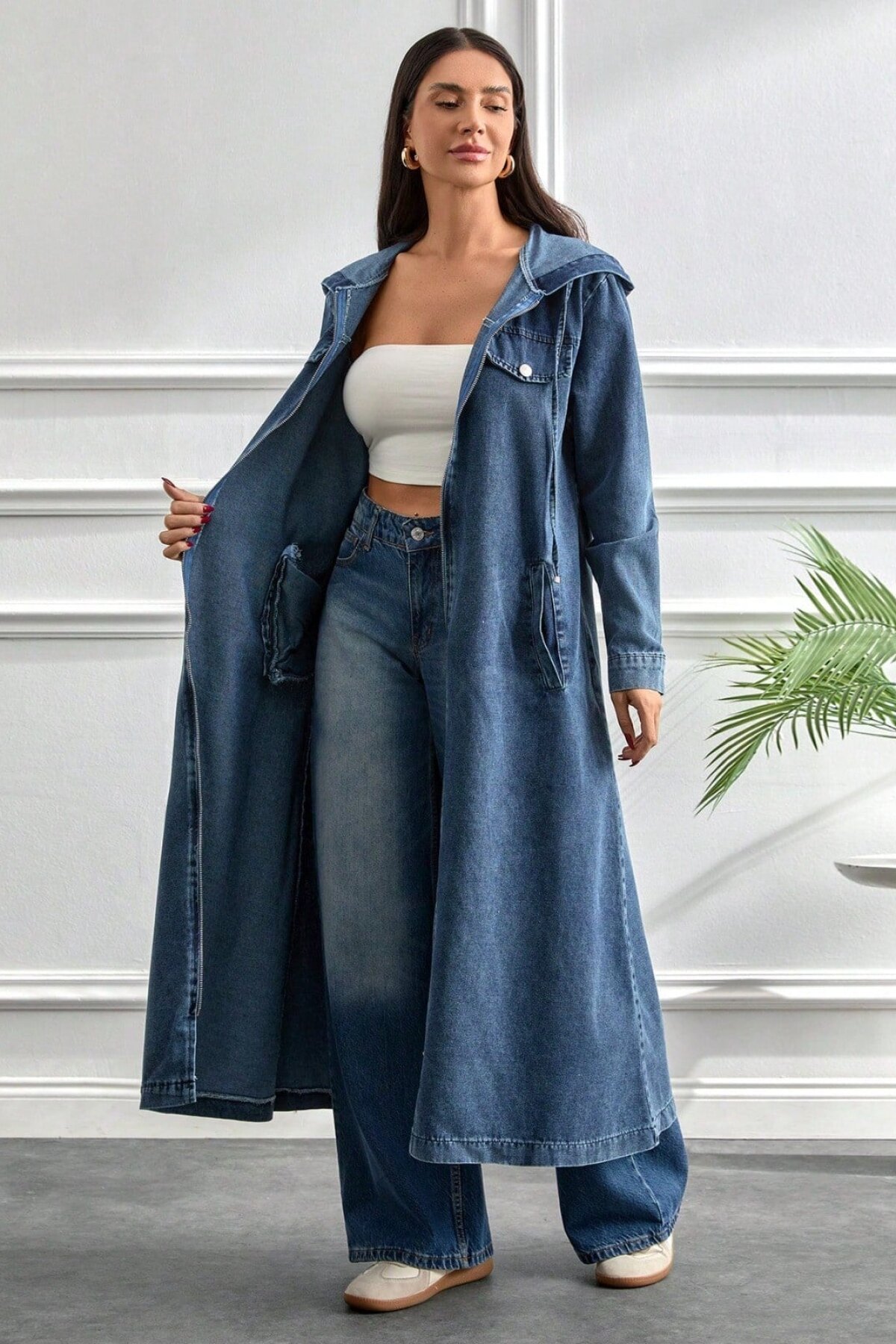 Long Modern Hooded Pockets Denim Dress - Dark Blue - Misskayle