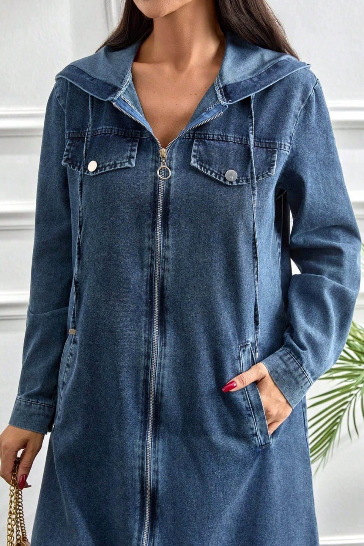 Long Modern Hooded Pockets Denim Dress - Dark Blue - Misskayle