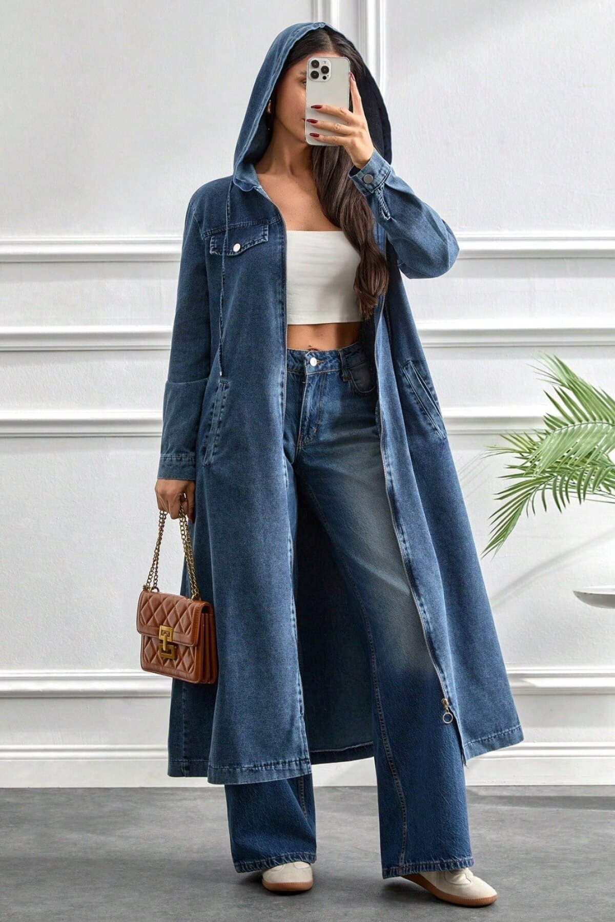 Long Modern Hooded Pockets Denim Dress - Dark Blue - Misskayle