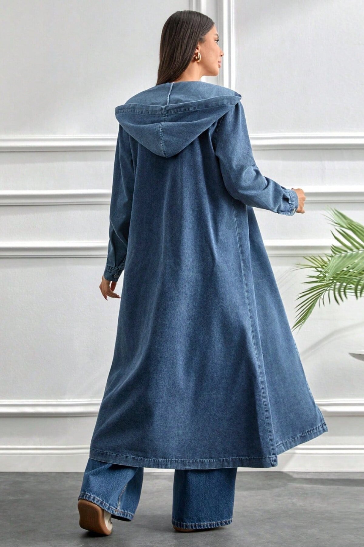 Long Modern Hooded Pockets Denim Dress - Dark Blue - Misskayle