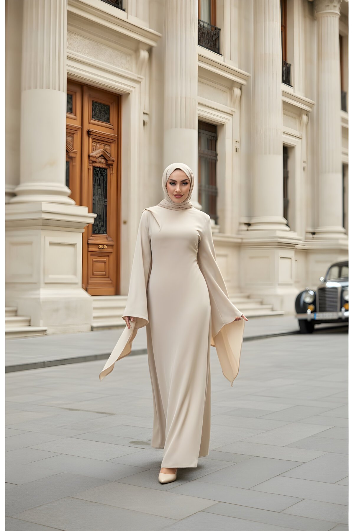 Bej Drapeli Kuyruk Detaylı Abiye Elbise - Modadeywearst