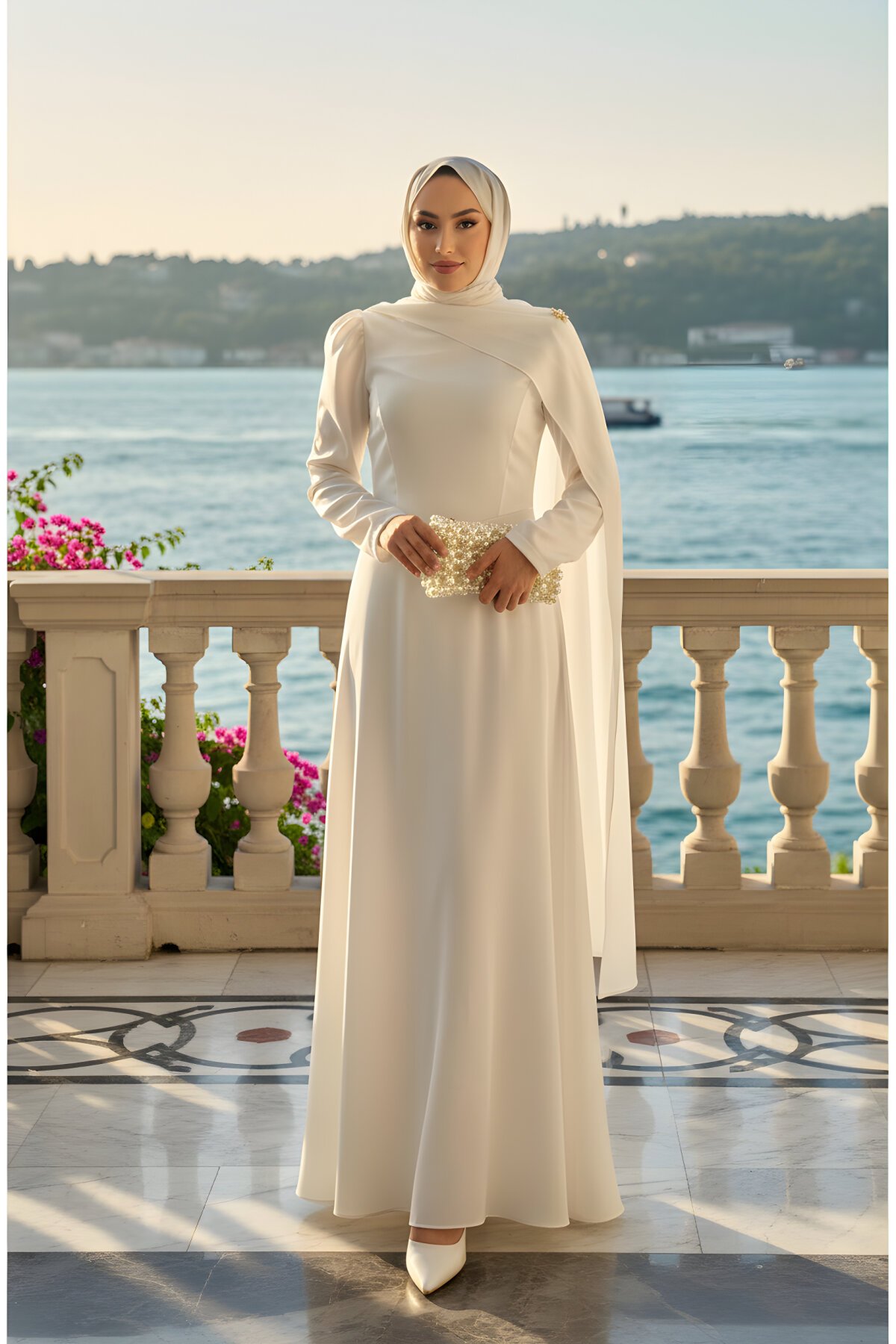 Beyaz Saten Pelerinli Abiye Elbise - Modadeywearst