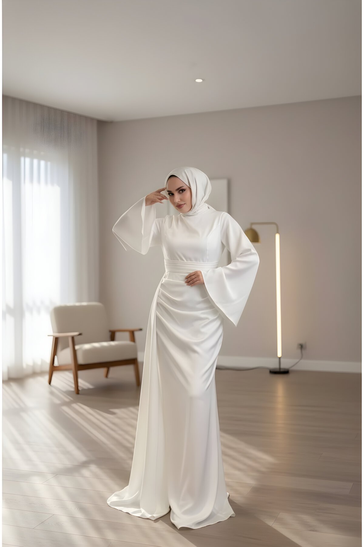 Beyaz Saten Yandan Kuyruklu Abiye Elbise - Modadeywearst