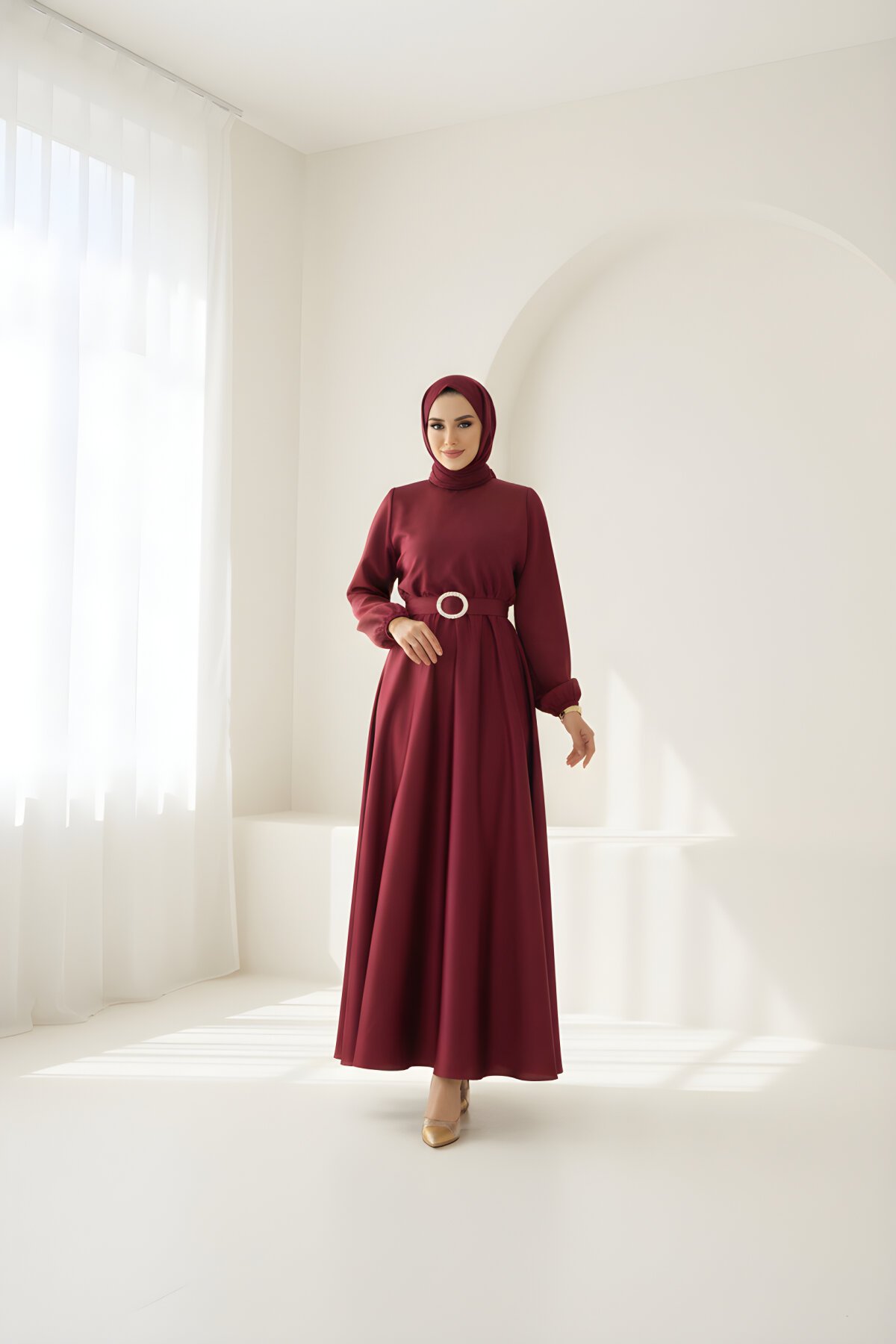 Bordo Mevlana Kloş Saten Abiye Elbise - Modadeywearst