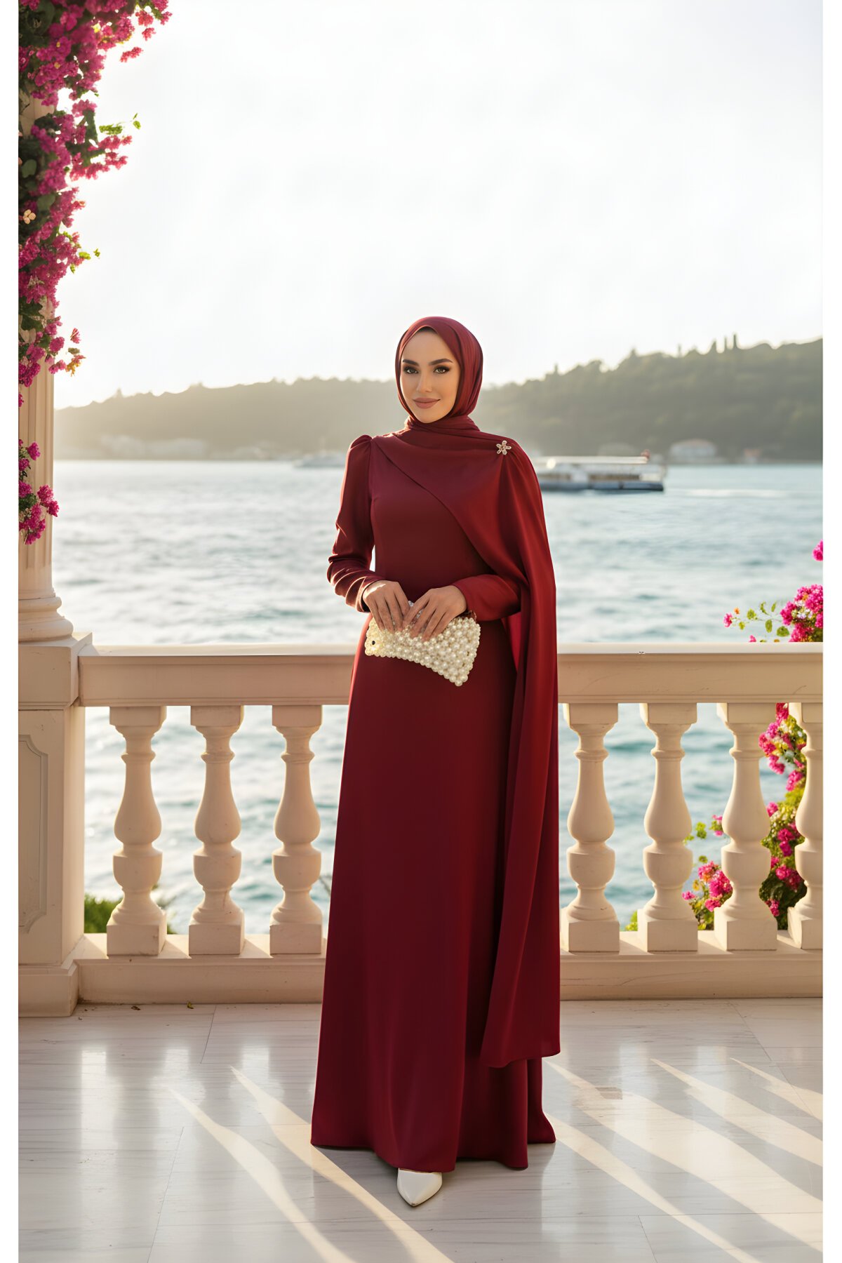 Bordo Pelerinli Saten Abiye Elbise - Modadeywearst