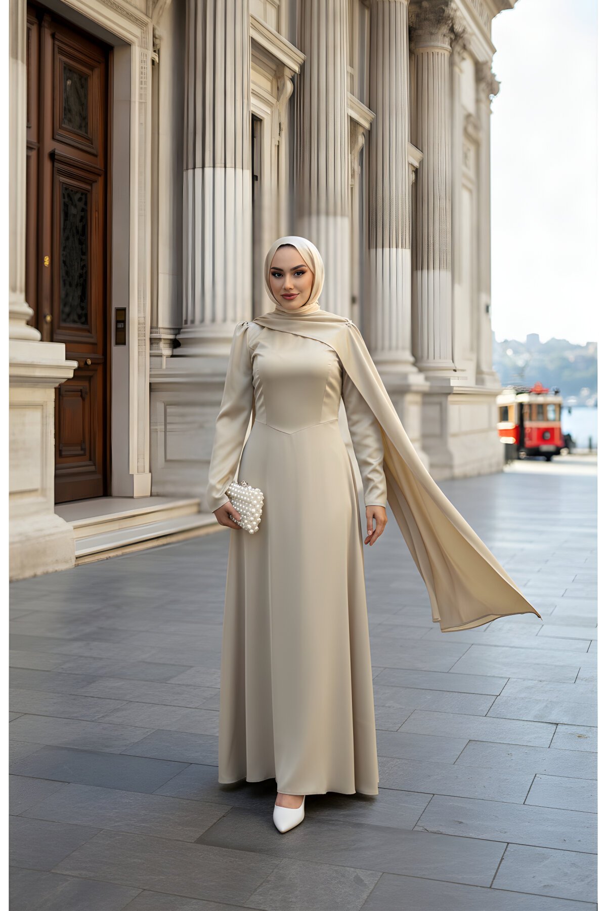 Ekru Saten Pelerinli Abiye Elbise - Modadeywearst