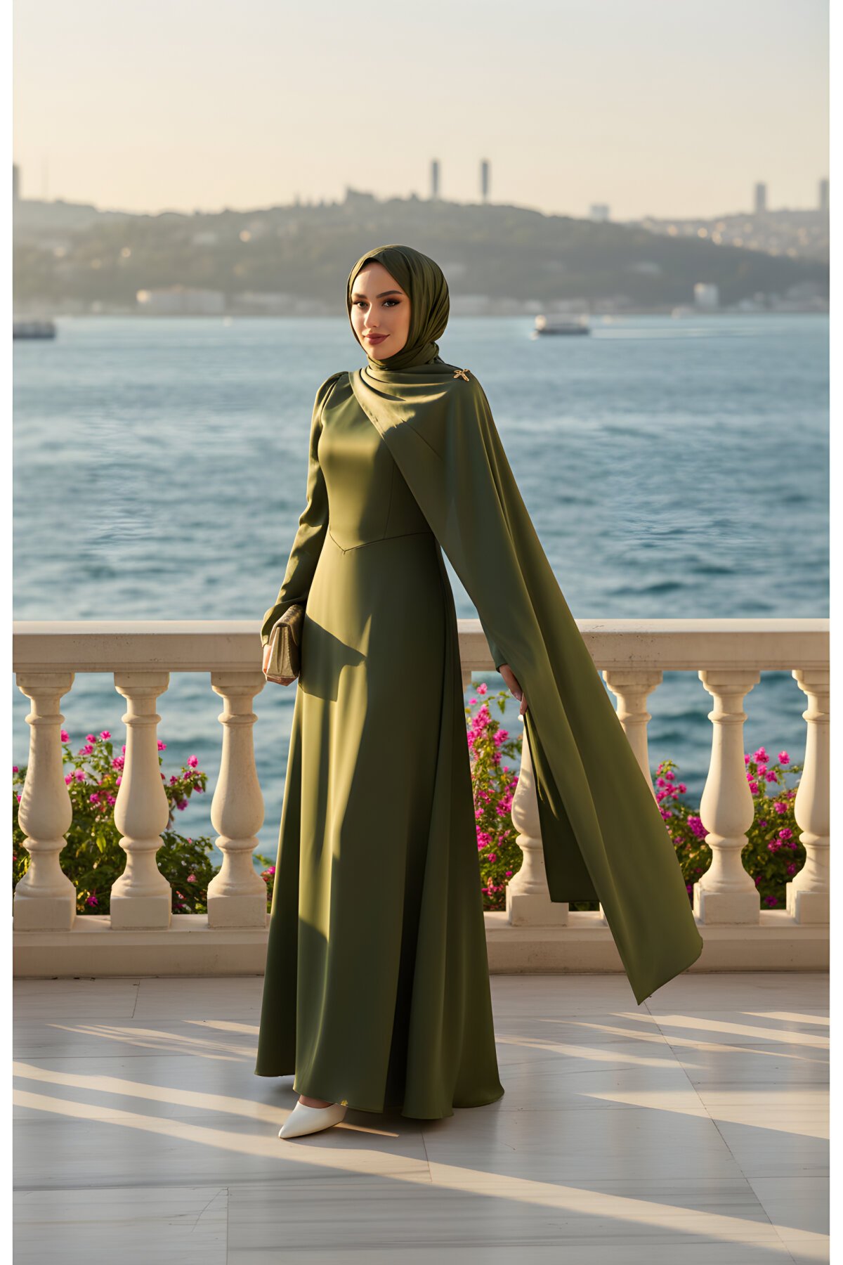 Haki Saten Pelerinli Abiye Elbise - Modadeywearst