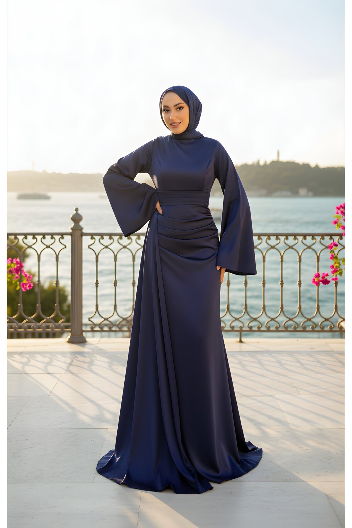 Lacivert Kuyruklu Drape Detaylı Saten Abiye Elbise - Modadeywearst