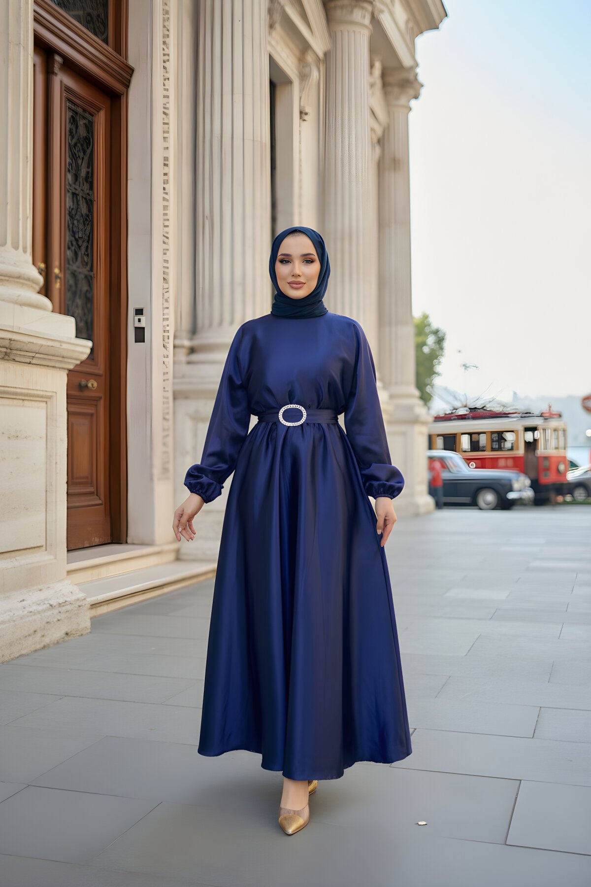 Lacivert Mevlana Kloş Saten Abiye Elbise - Modadeywearst