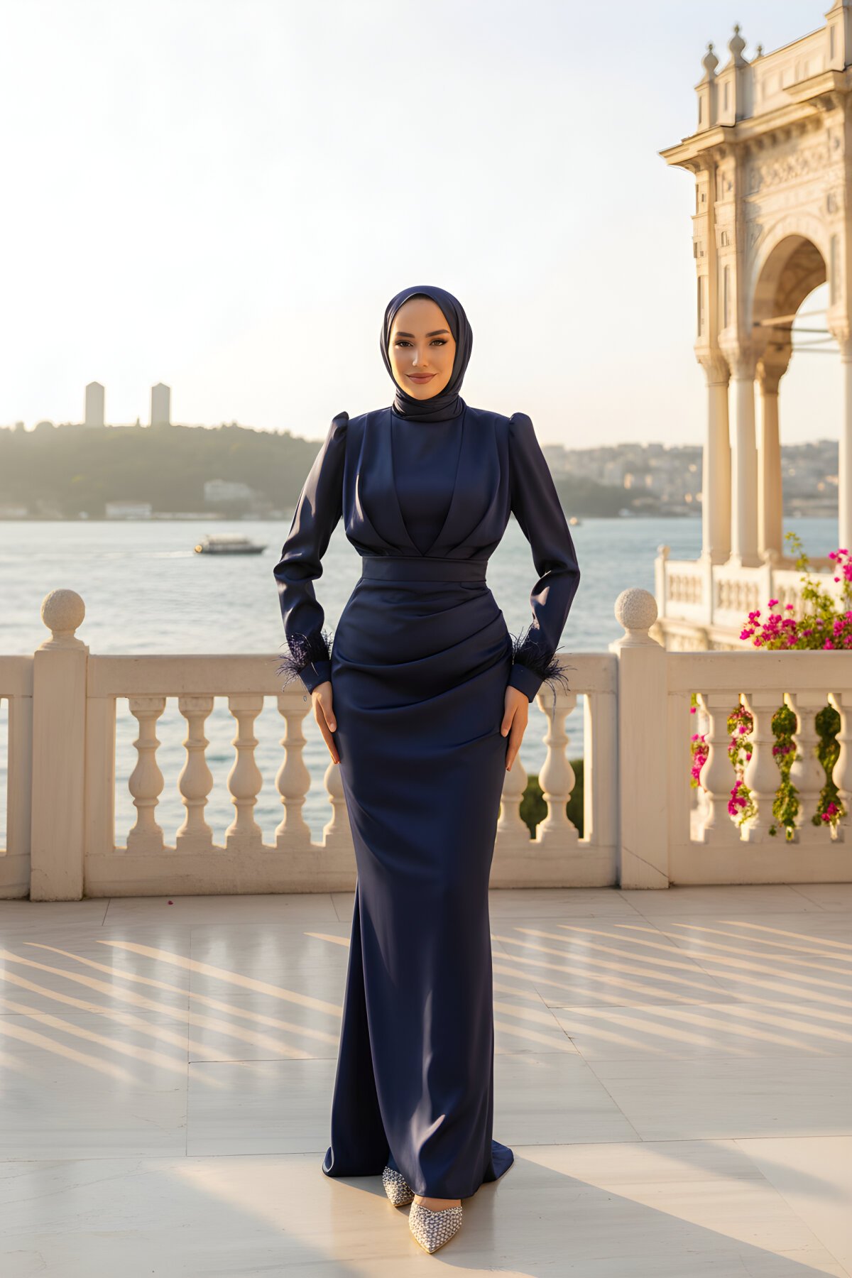 Lacivert Saten Kolları Püsküllü Abiye Elbise - Modadeywearst