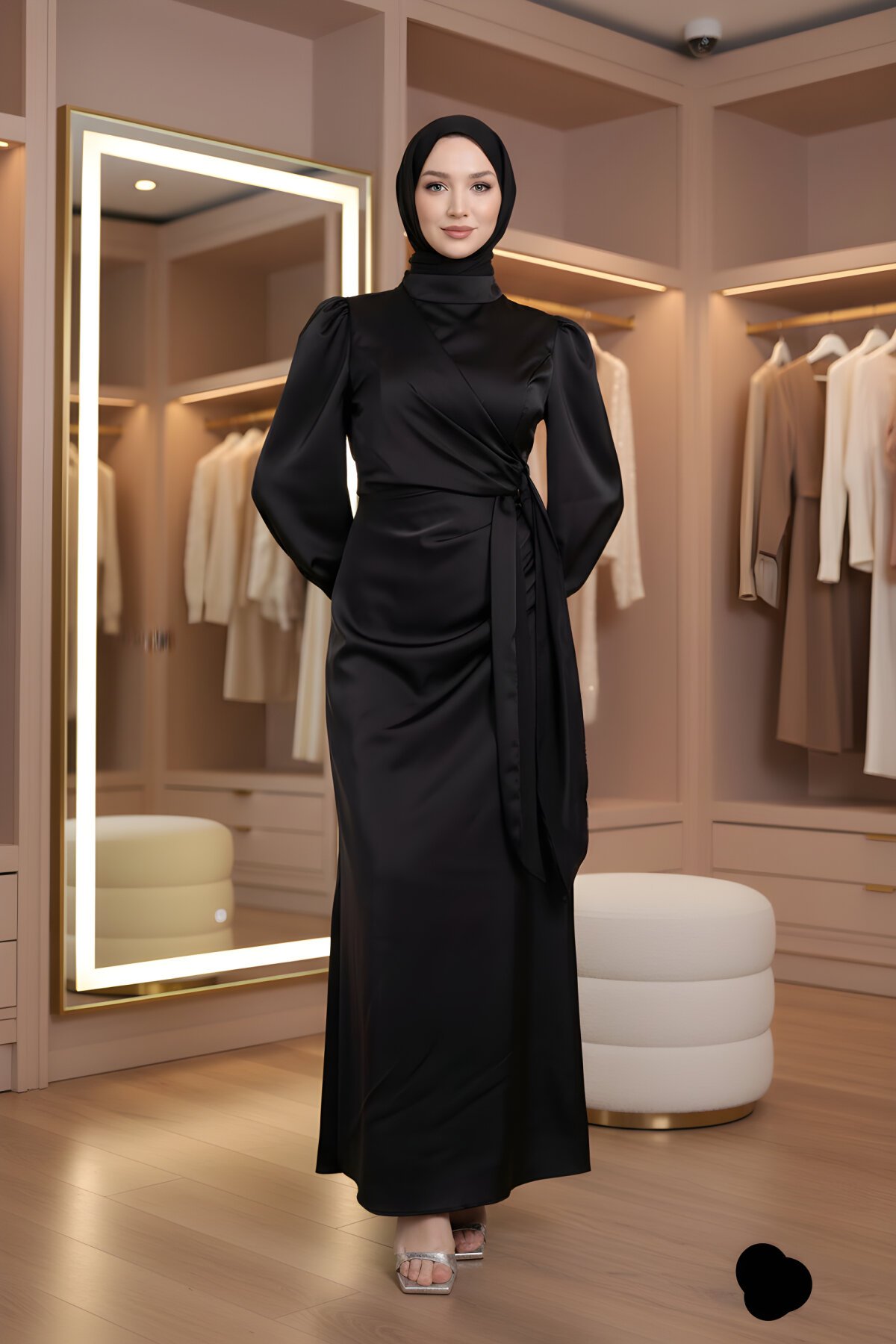 Siyah Saten Yandan Bağlamalı Pile Detaylı Abiye Elbise - Modadeywearst