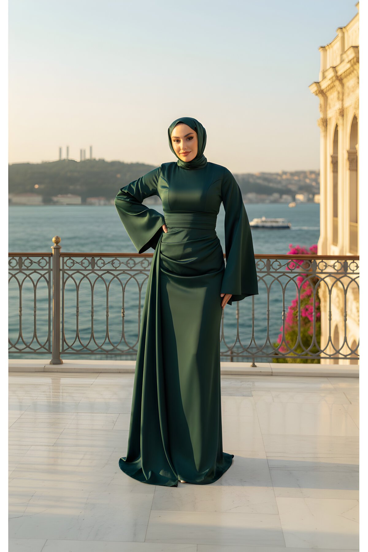Yeşil Kuyruklu Saten Drape Detaylı Abiye Elbise - Modadeywearst