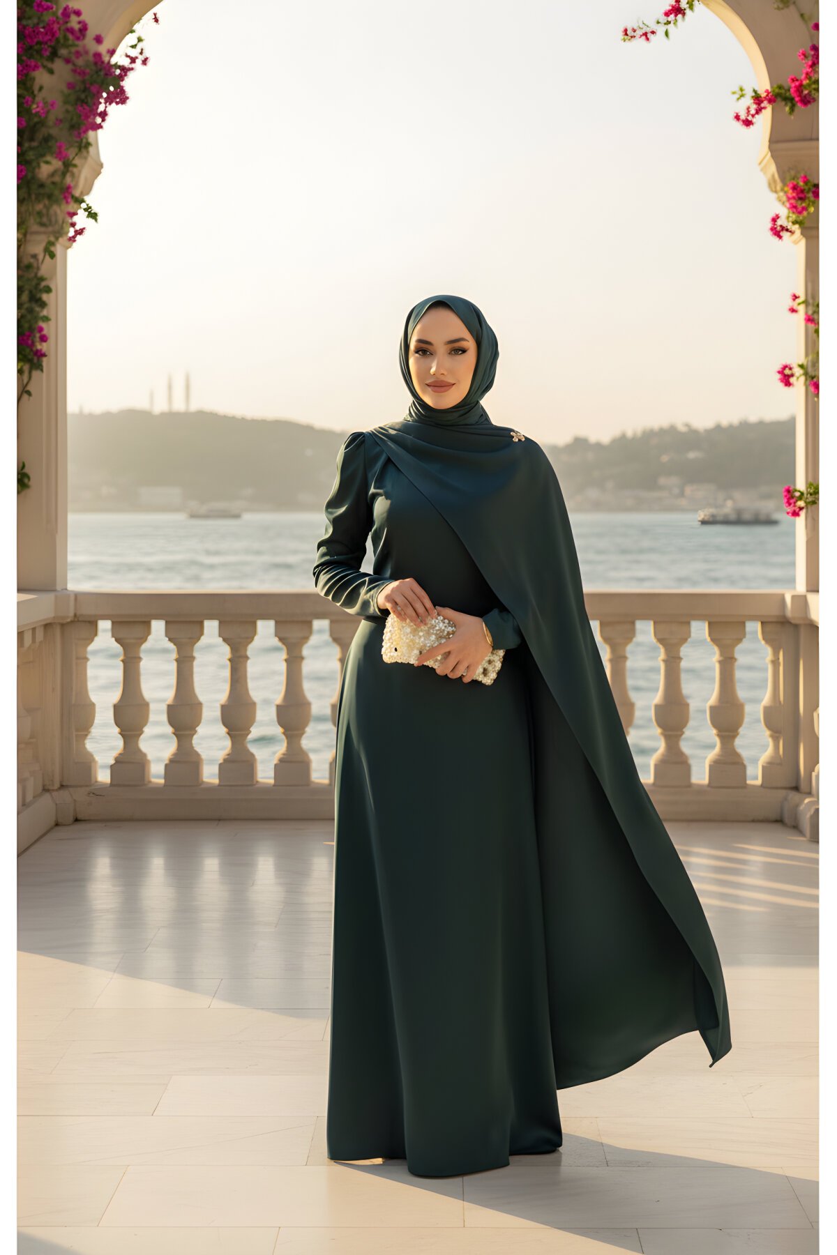 Yeşil Saten Pelerinli Abiye Elbise - Modadeywearst